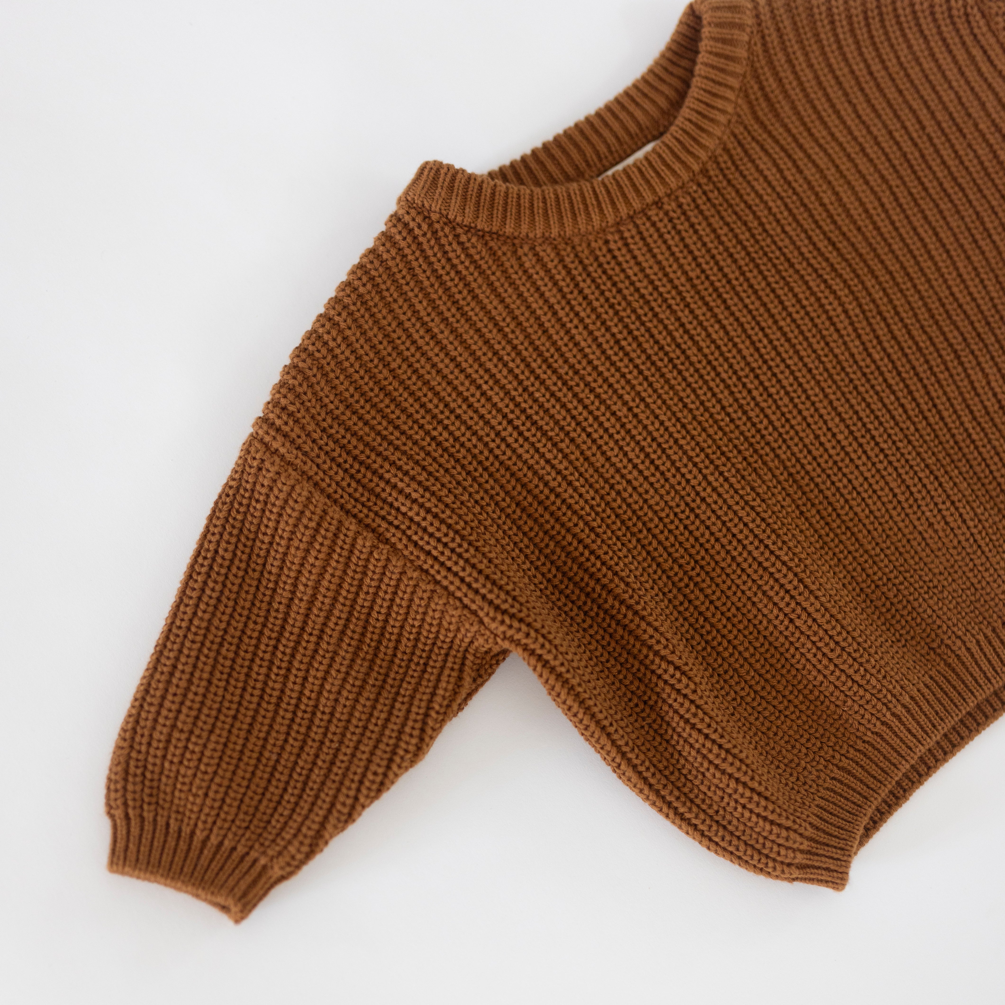 Organic Chunky Knit Sweater in Coffee Bean color, perfect for baby and kids, showcasing a soft and cozy design.