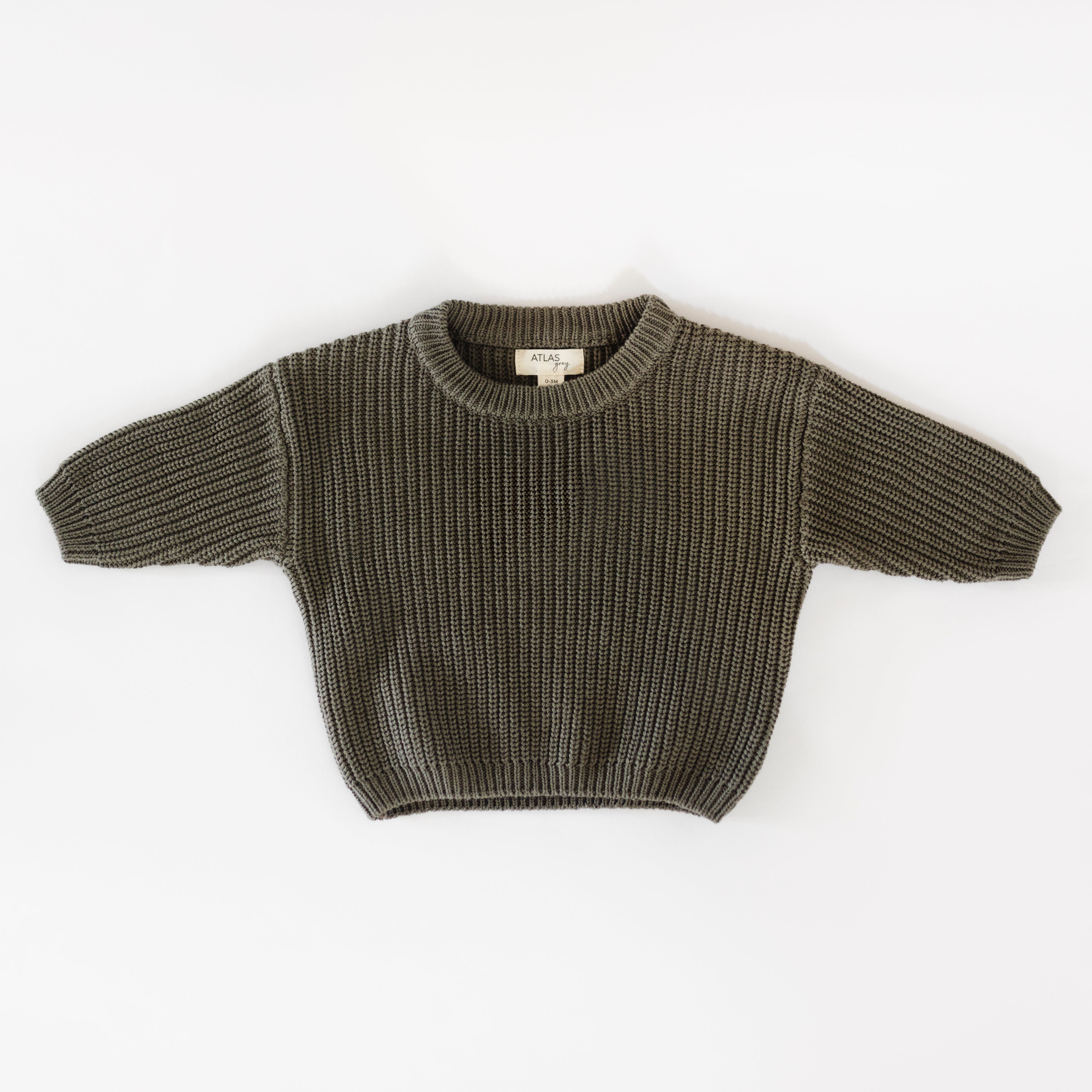 Organic Chunky Knit Sweater in Olive color for babies and kids, crafted from 100% organic cotton for comfort and style.