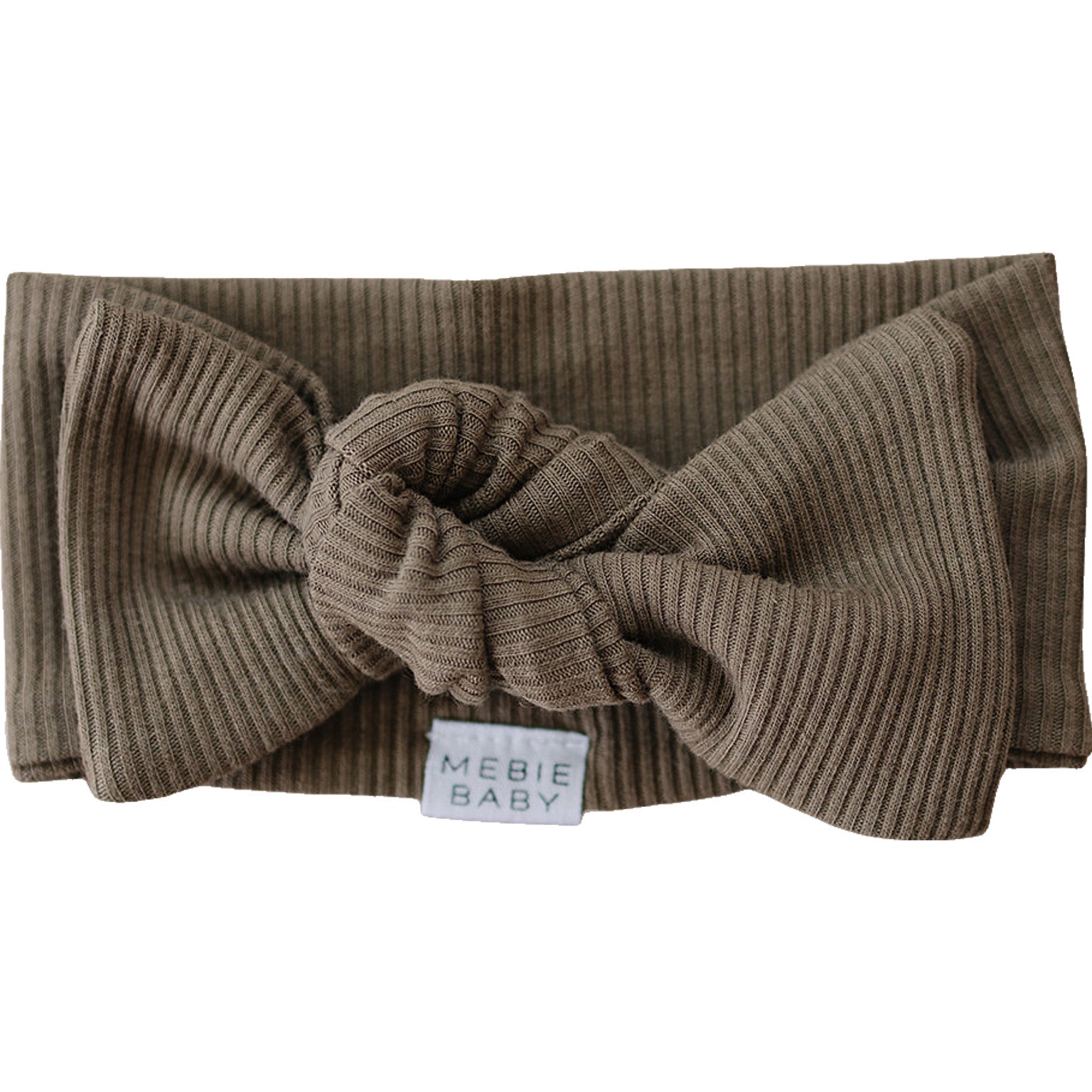Cocoa organic baby head wrap with a pre-tied bow, made from soft GOTS-certified ribbed cotton.