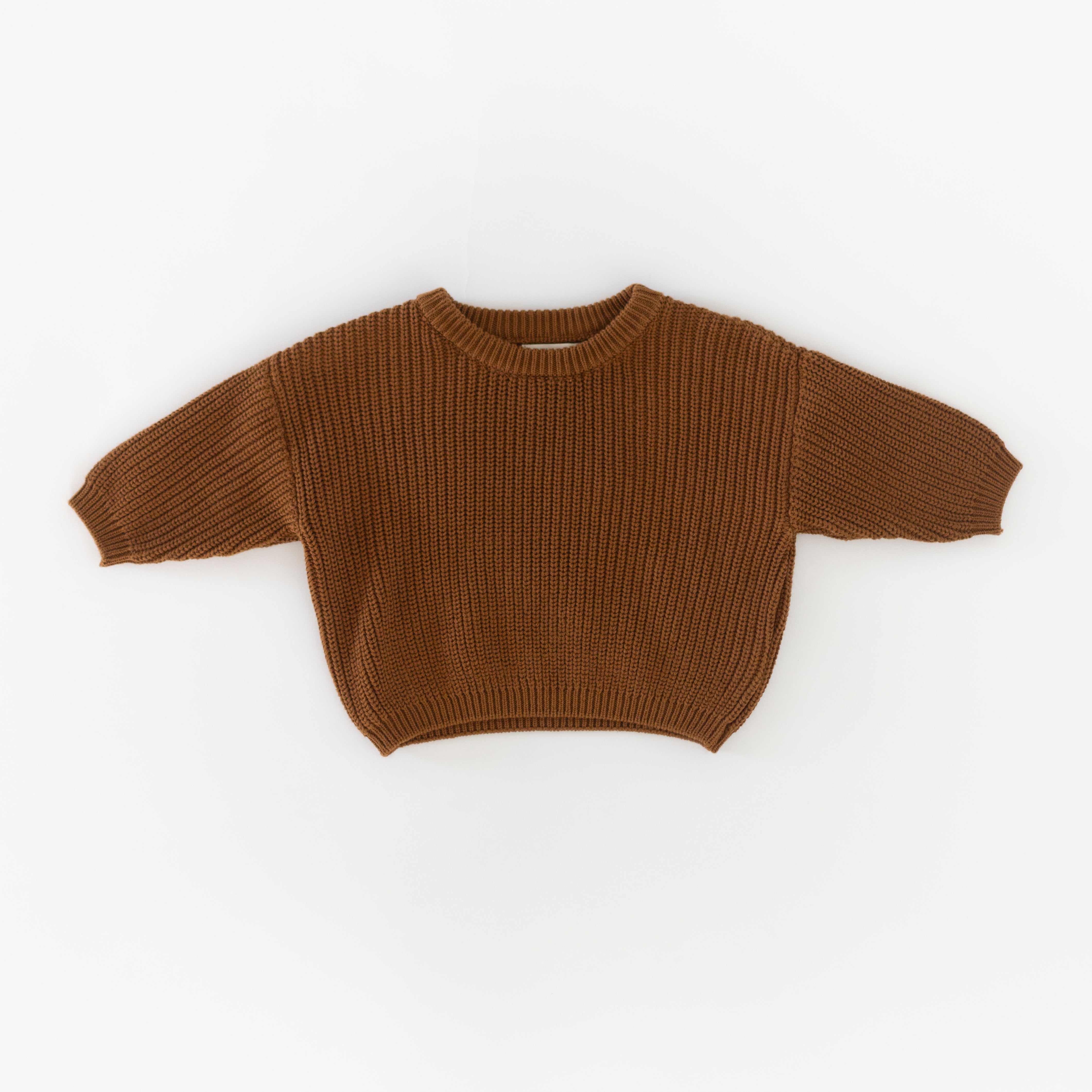 Organic Chunky Knit Sweater in rich Coffee Bean color, featuring a cozy oversized fit for baby and kids.