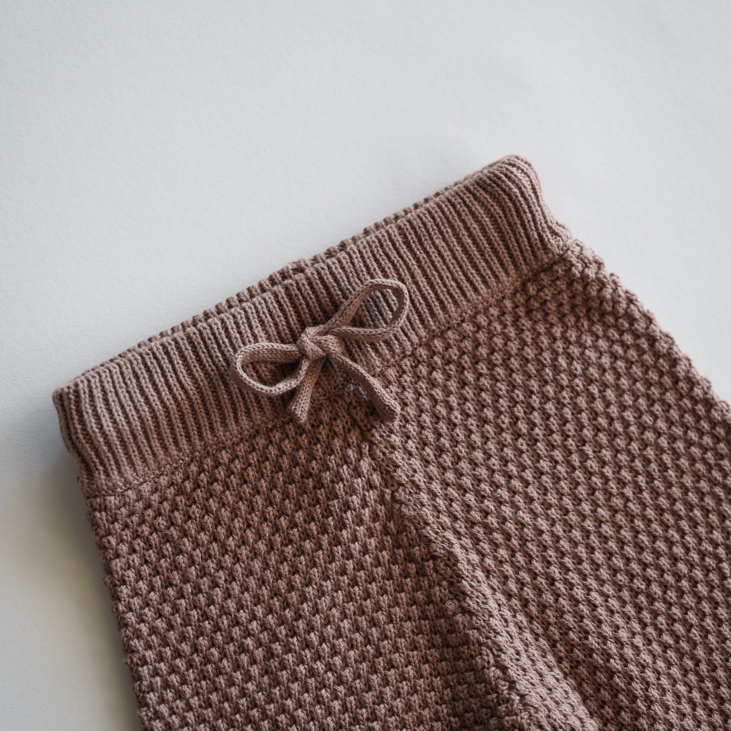 Organic Knit Wideleg Pant in soft earthy brownie stripe knit, featuring a comfortable drawstring waistband.