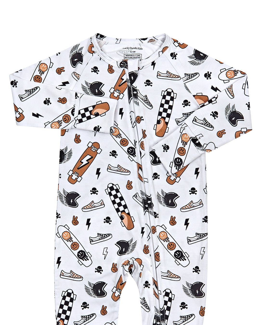 Bamboo Zip Romper Sk8er featuring skateboard and sneaker designs for stylish, comfy kids' sleepwear.