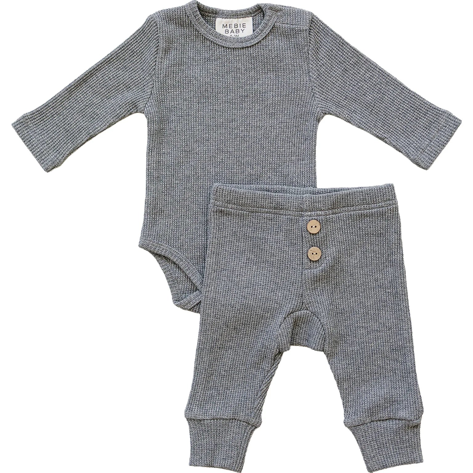 Waffle Knit Baby Bodysuit Set – Charcoal featuring a soft bodysuit and coordinating pants.