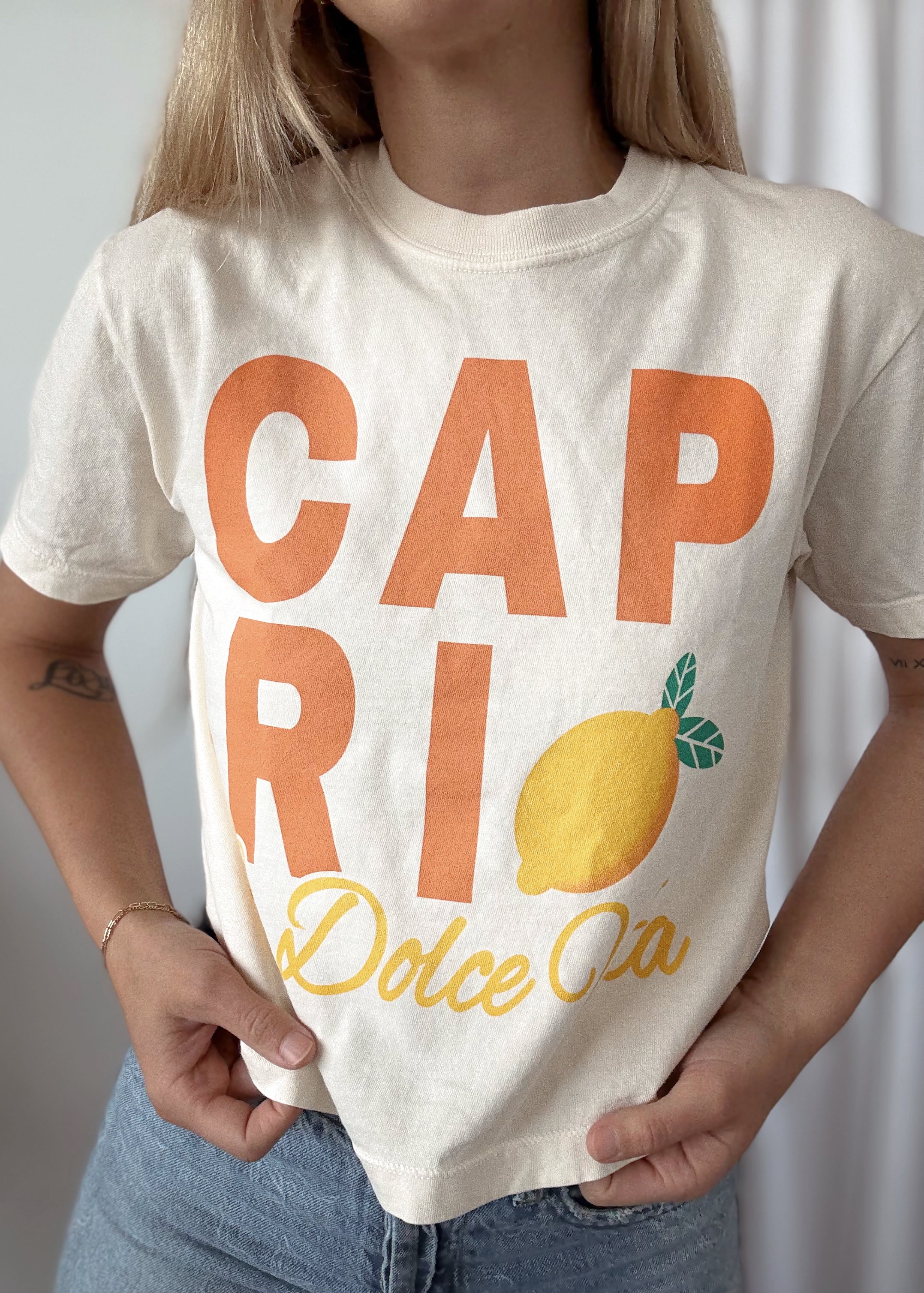 Women wearing Capri Cropped Tee close up front view