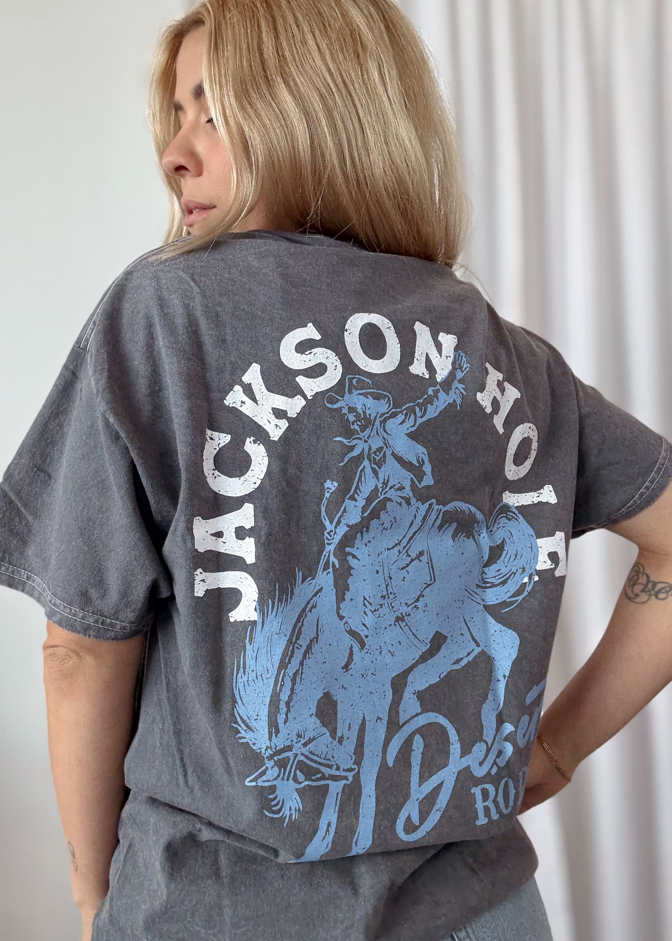 Women wearing Jackson Hole Oversized Rodeo Tee close up of back view