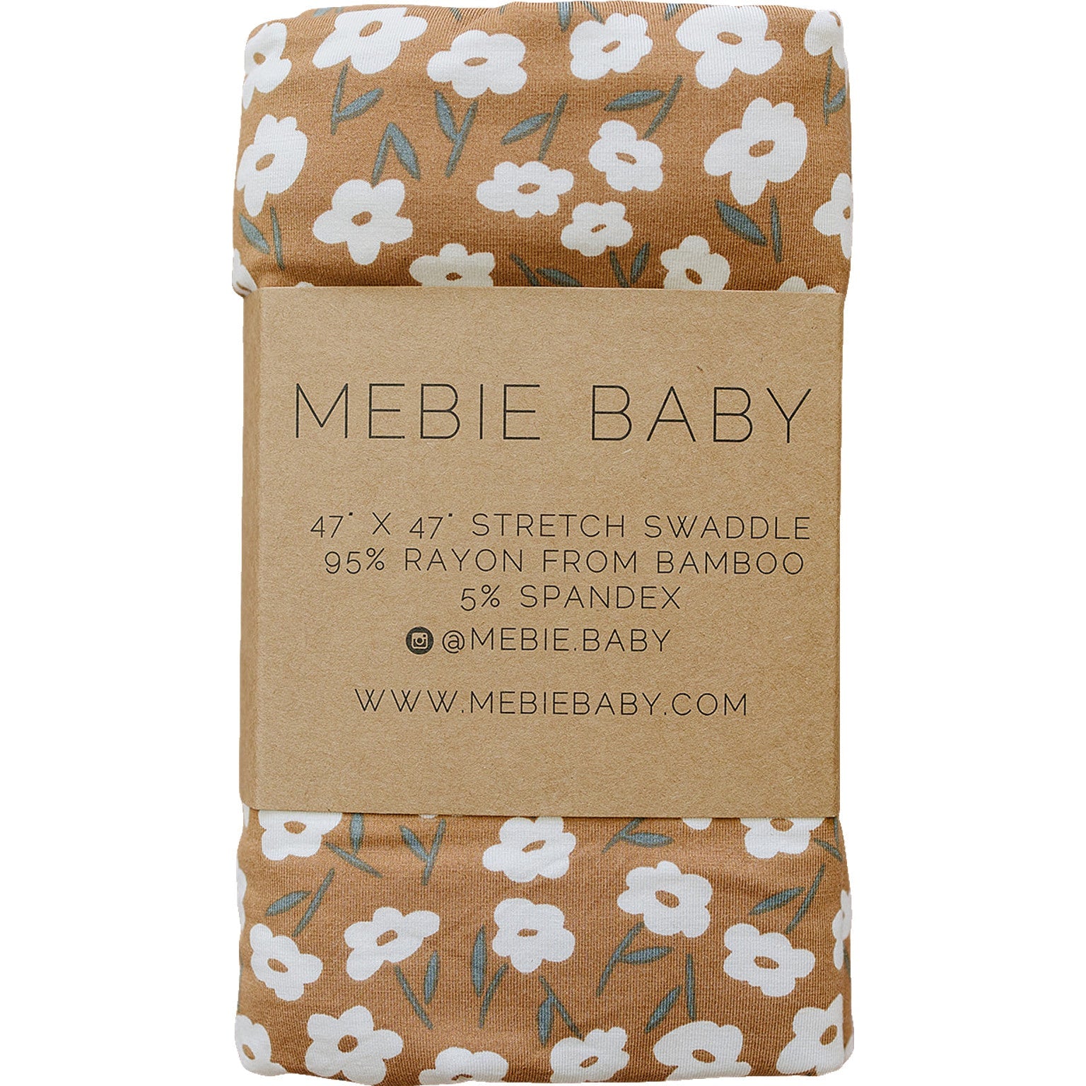 Bamboo Stretch Swaddle Mustard Floral wrapped with label showcasing size and material details.
