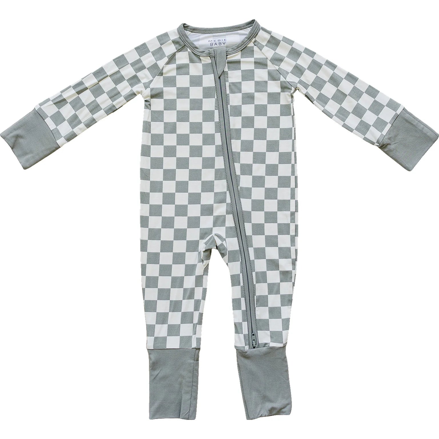 Light green checkered bamboo zipper footed pajama for kids featuring double-zipper design and snug cuffs.