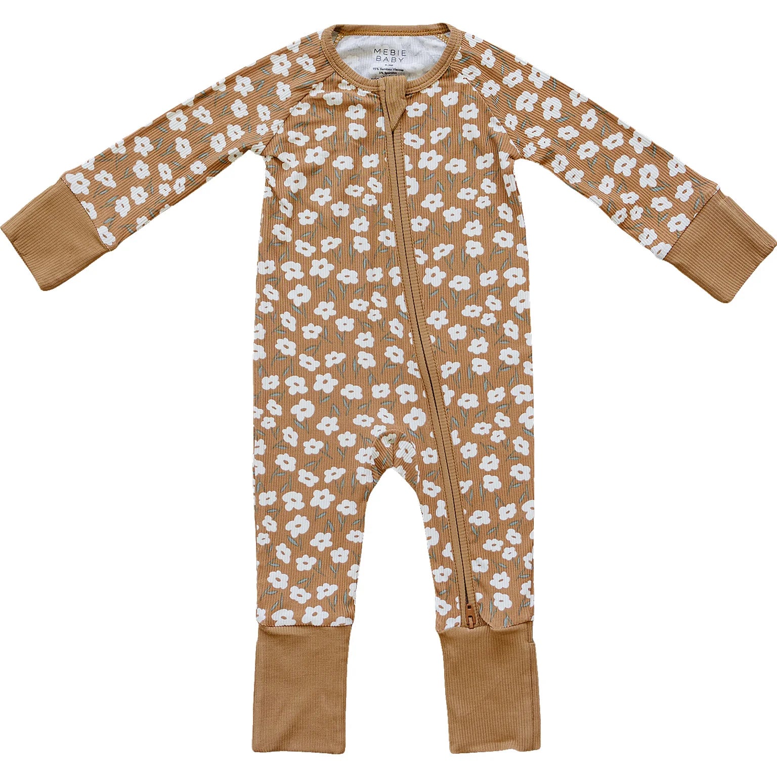 Mustard floral ribbed bamboo zipper footie for infants, featuring a double zipper and cozy hand and foot cuffs.