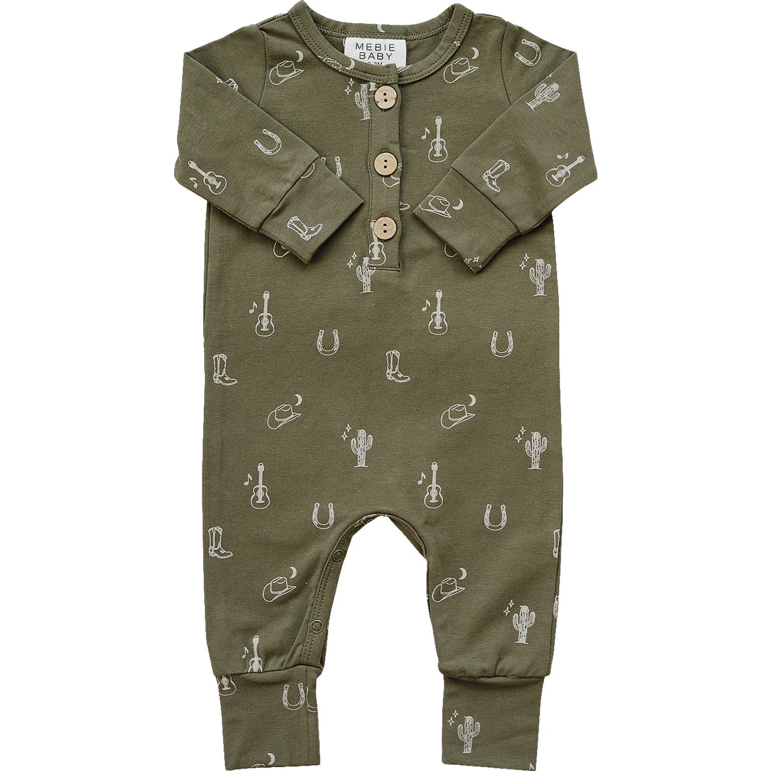 Nashville long sleeve baby western button romper in olive green with guitar and cactus print, perfect for cozy dressing.