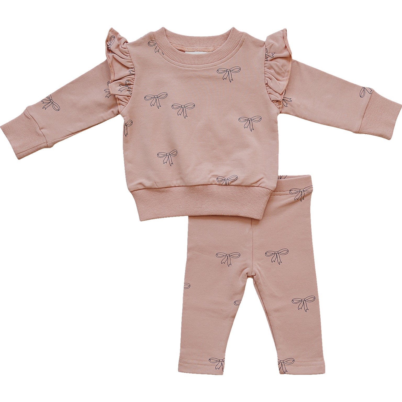 Pink Ribbon Ruffle French Terry Set for girls, featuring ruffle sleeves and matching leggings, perfect for preschool.