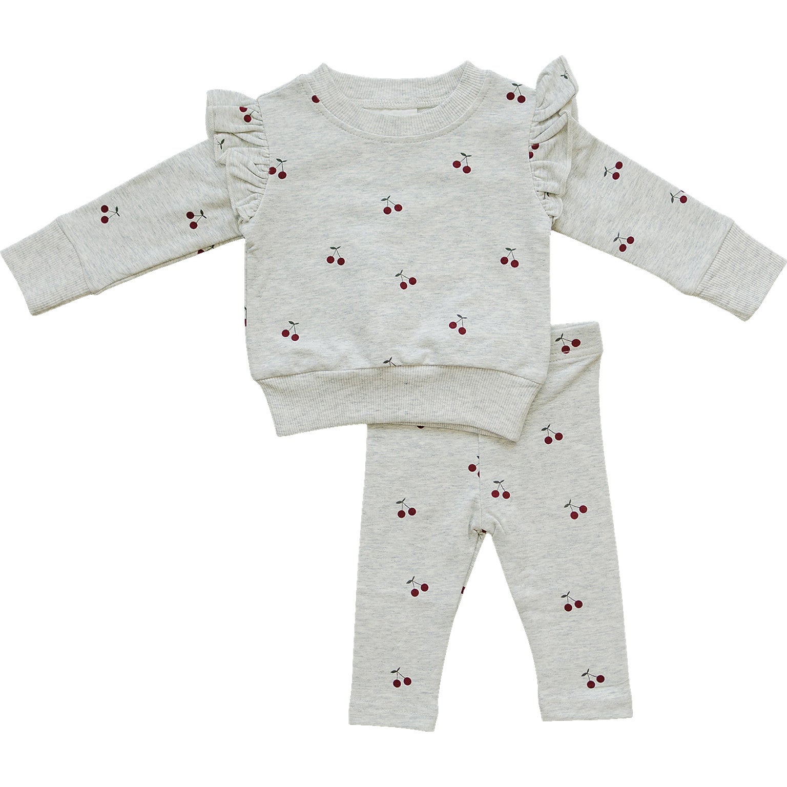 Cherry Ruffle French Terry Set featuring ruffle-sleeve sweatshirt and cherry-print leggings, perfect for kids.