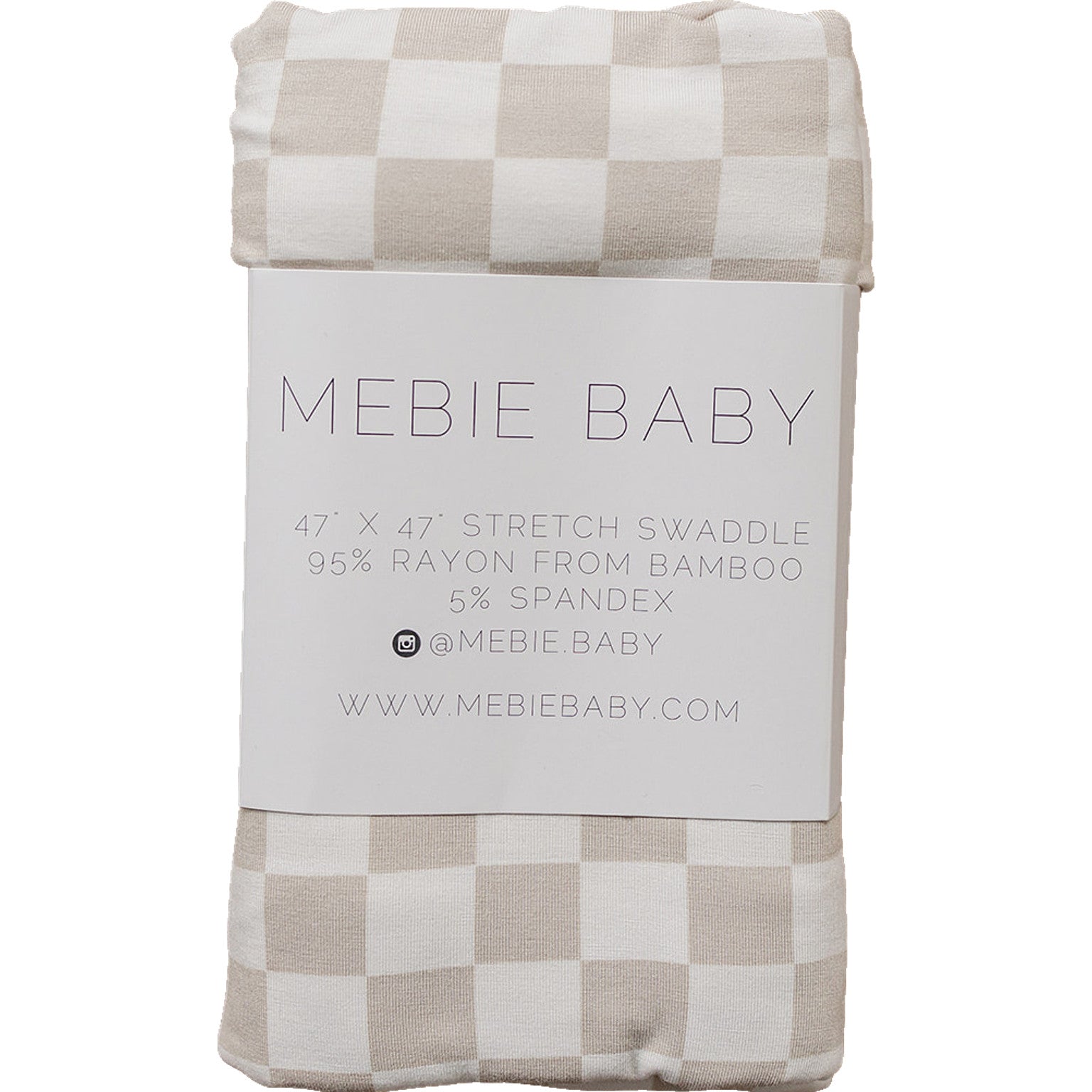 Bamboo Stretch Swaddle Taupe Checkered wrapped with soft checkered pattern and care instructions.