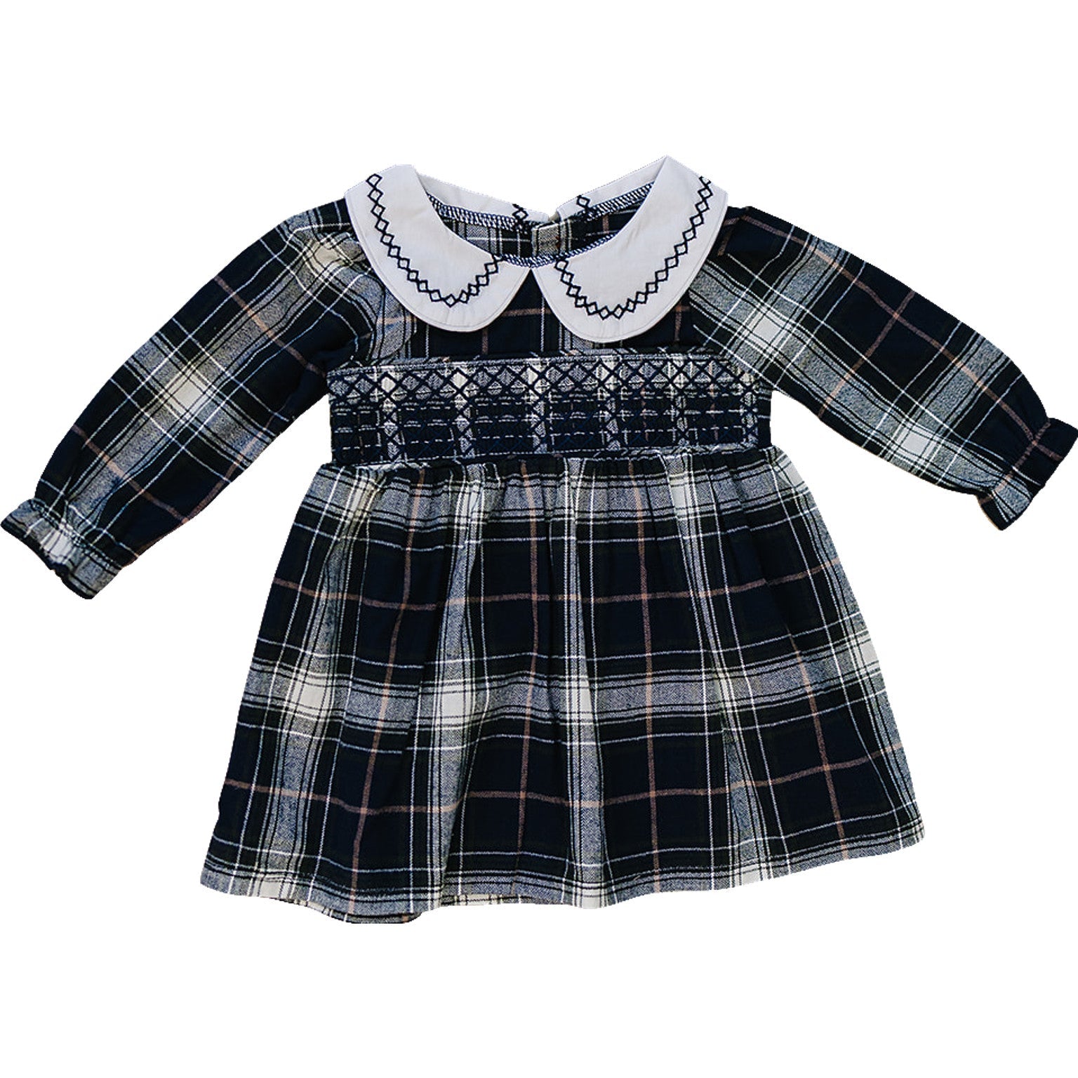 Navy plaid smocked dress with Peter Pan collar for girls, perfect for special occasions and everyday wear.