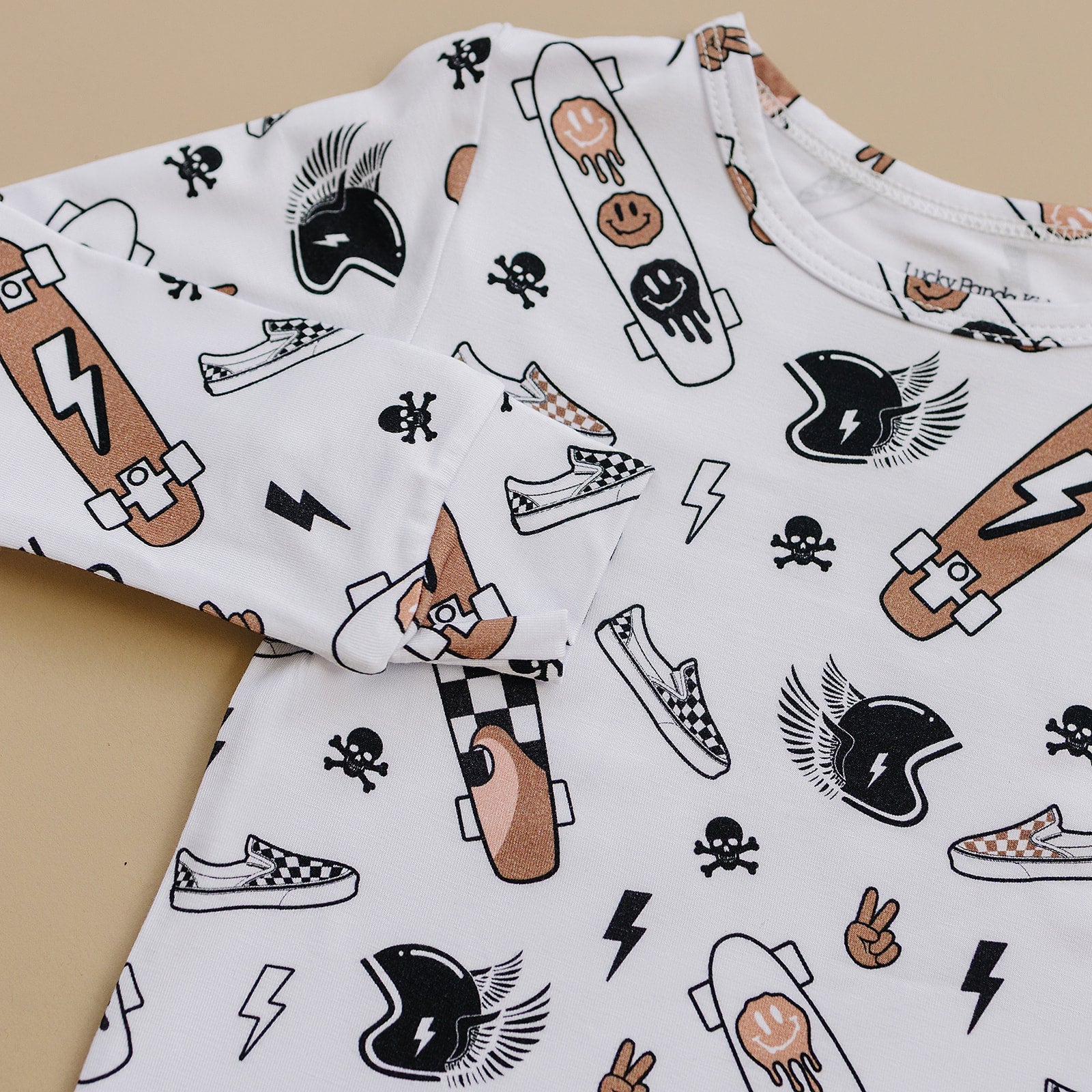 Bamboo Two Piece Set Sk8er featuring playful skateboard graphics on soft fabric.