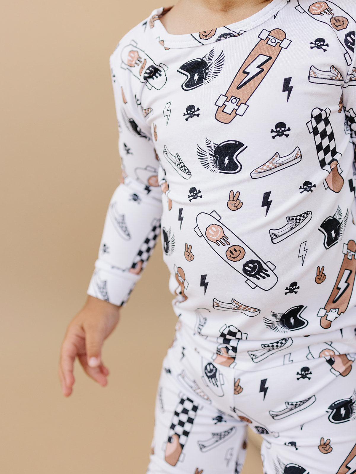 Bamboo Two Piece Set Sk8er featuring playful skateboard graphics and soft fabric, perfect for kids' cozy lounging.