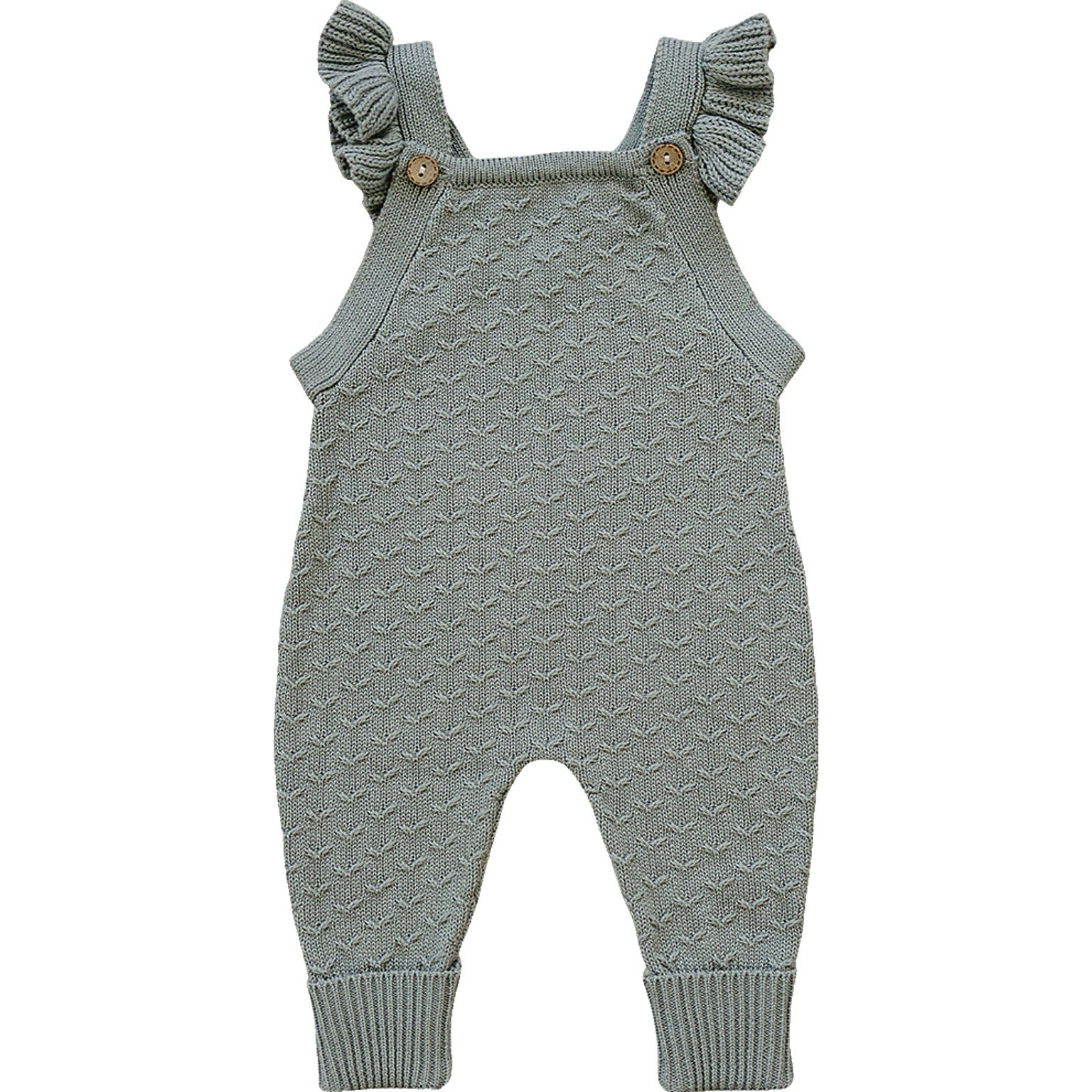 Green ruffle knit overalls for girls, featuring soft fabric and charming ruffle details, perfect for stylish comfort.