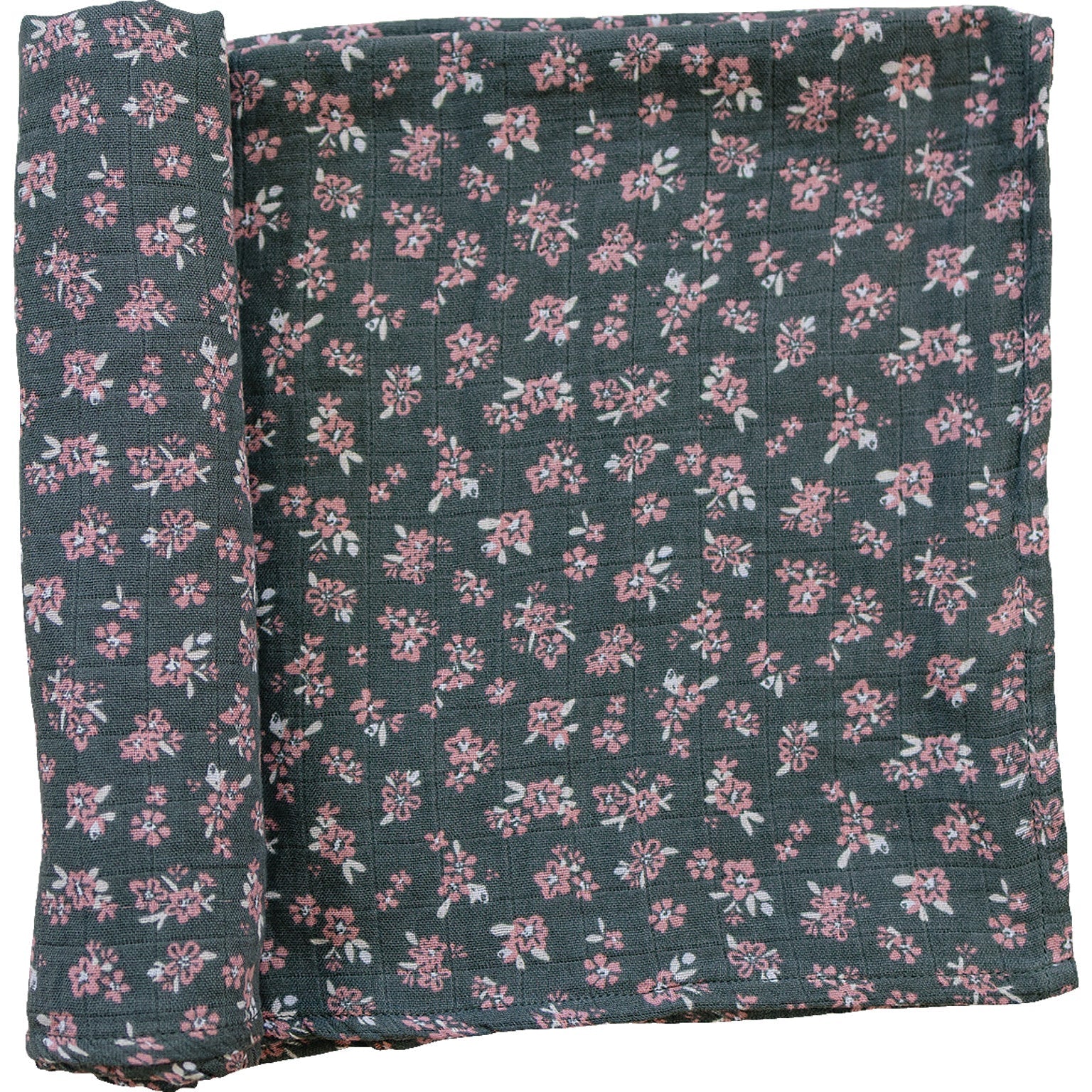 Olive bloom muslin swaddle blanket featuring a floral design in olive tones, perfect for wrapping babies in softness.