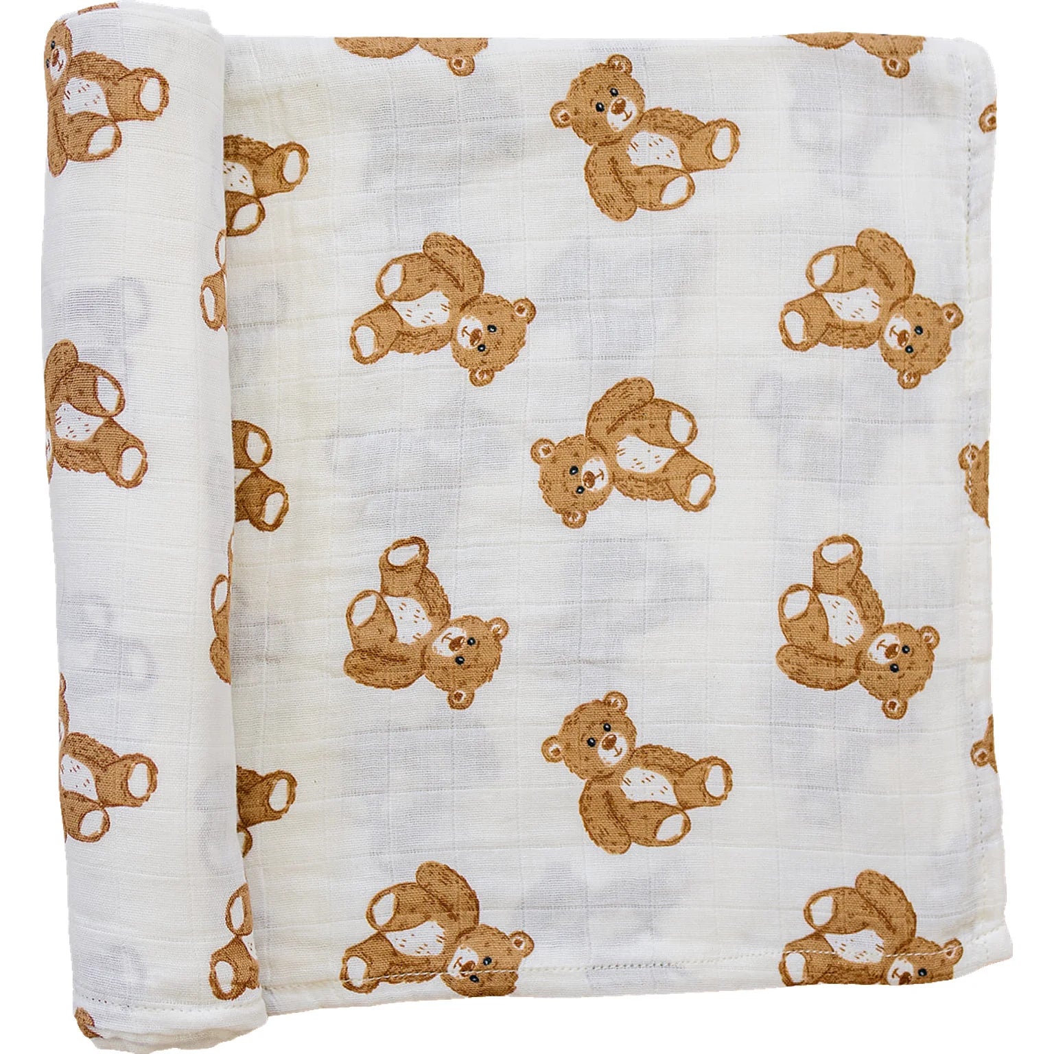 Teddy bear muslin swaddle blanket with cute teddy bear print, ultra-soft and lightweight 100% cotton.