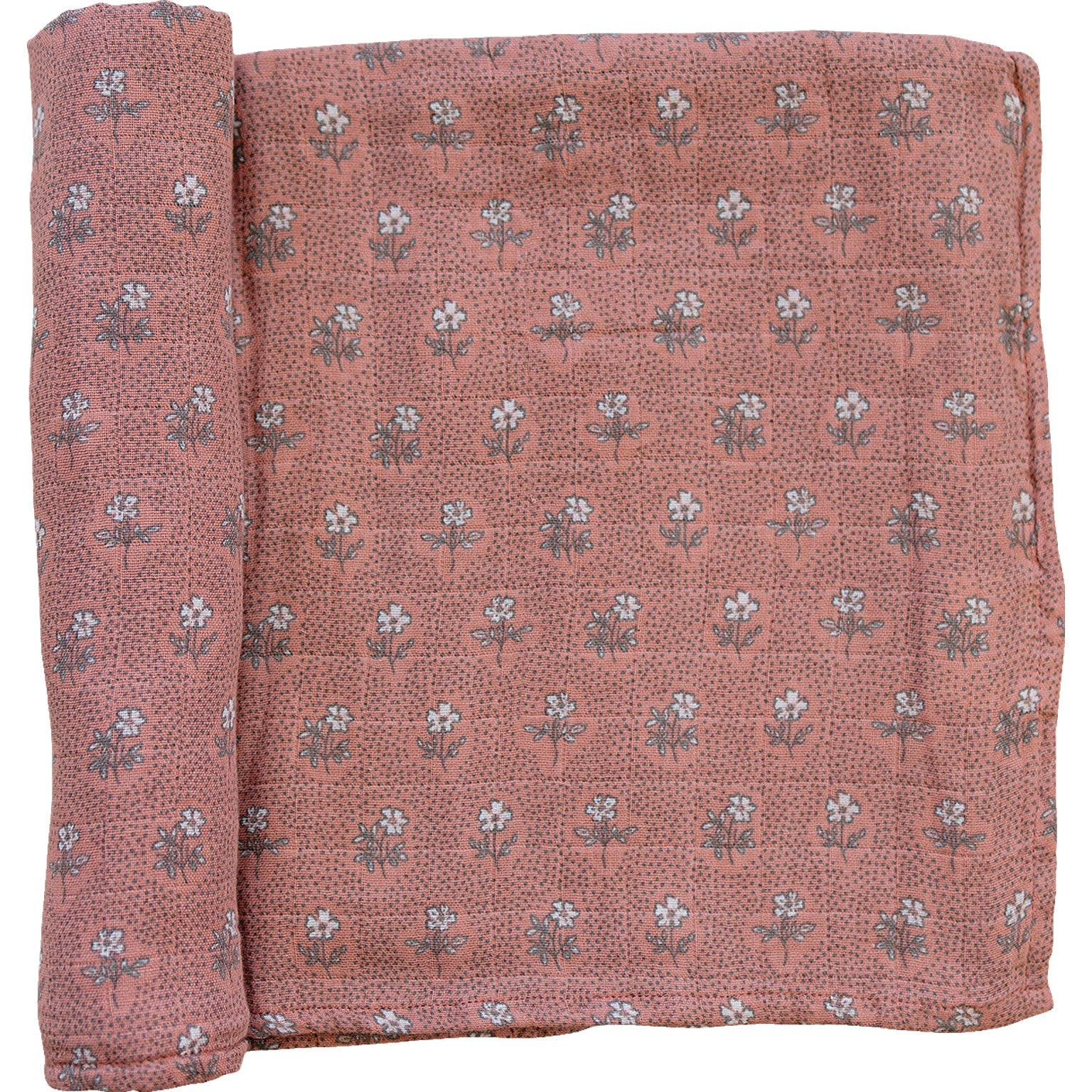 Vintage pink floral muslin swaddle blanket in soft cotton with a delicate floral print.