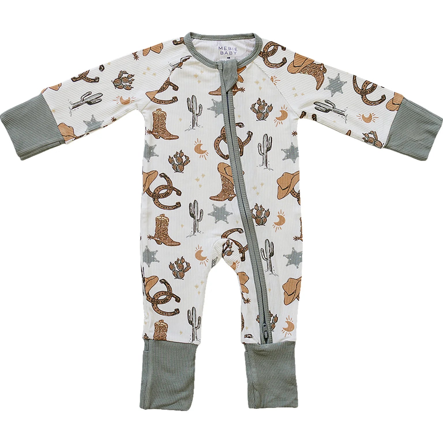 Outlaw cowboy bamboo zipper footie for babies, featuring western prints and double zipper design for easy diaper changes.
