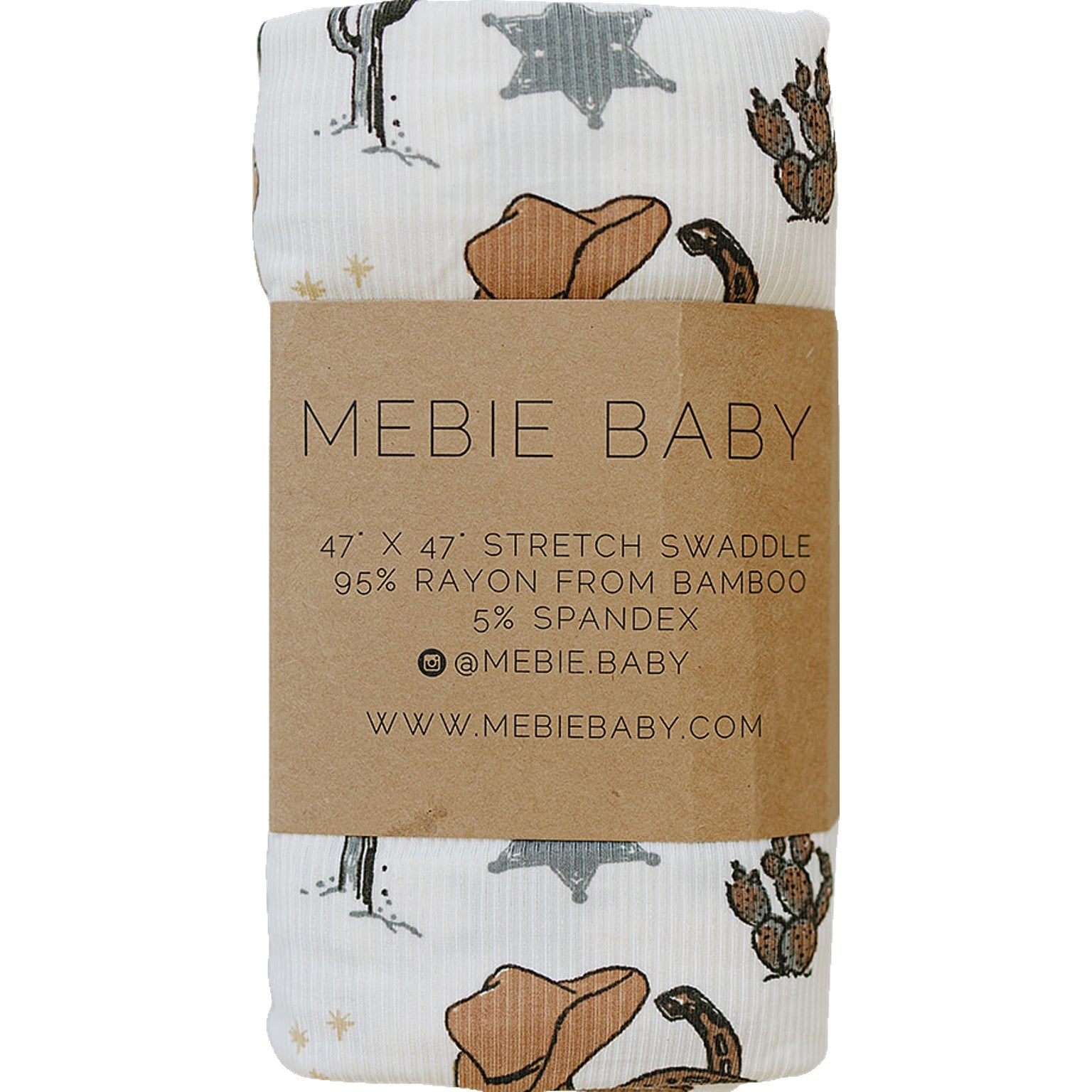 Bamboo Stretch Swaddle Outlaw Cowboy Ribbed swaddle blanket by Mebie Baby, 47' x 47', featuring cowboy patterns.