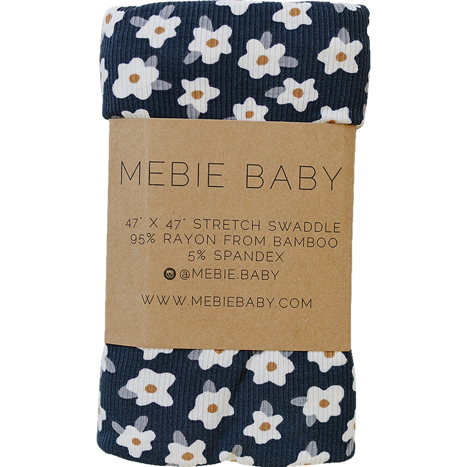 Bamboo Stretch Swaddle Navy Daisy Ribbed wrapped product showing floral design and care details on label.
