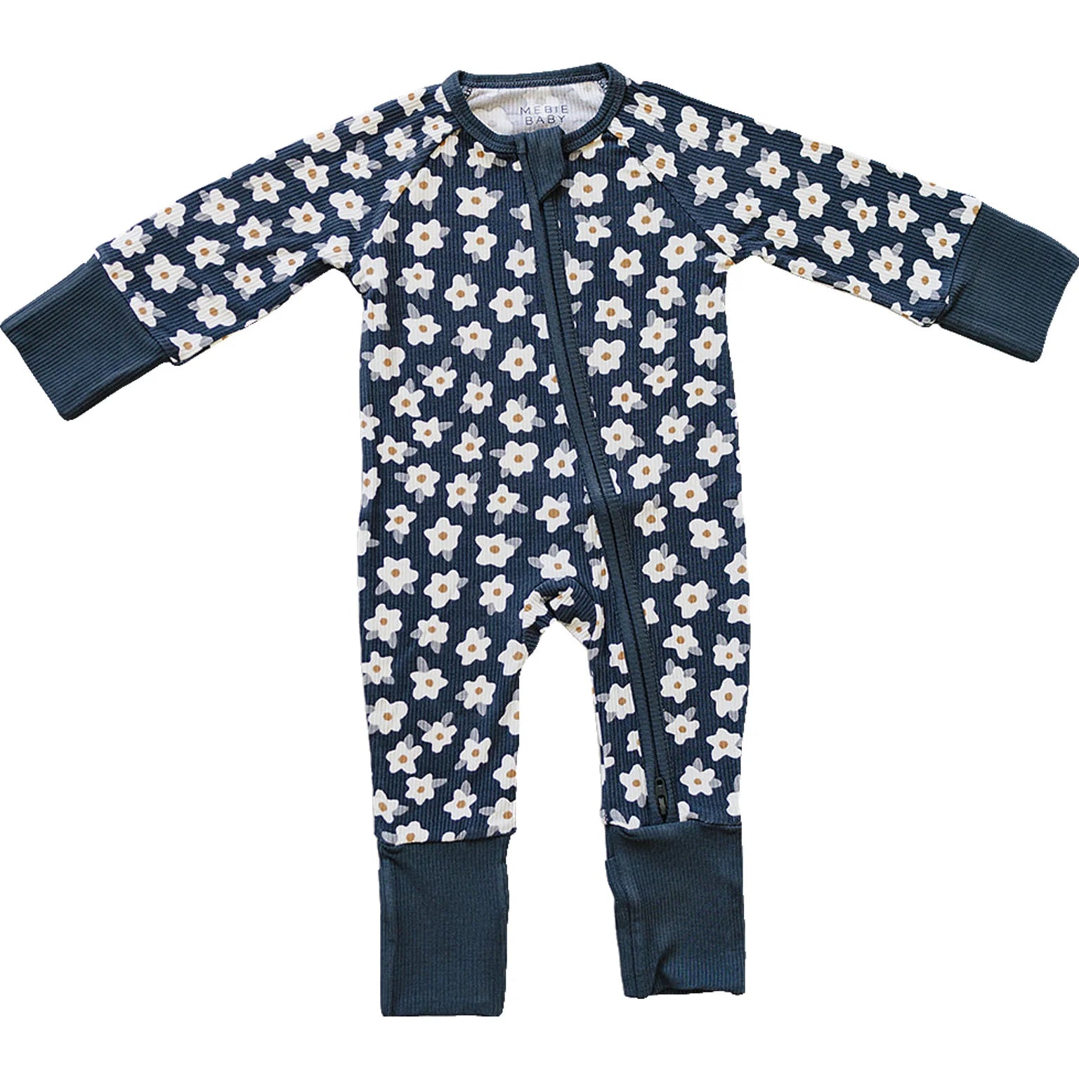 Navy daisy ribbed bamboo zipper footie featuring a floral print with double zipper for easy changes.