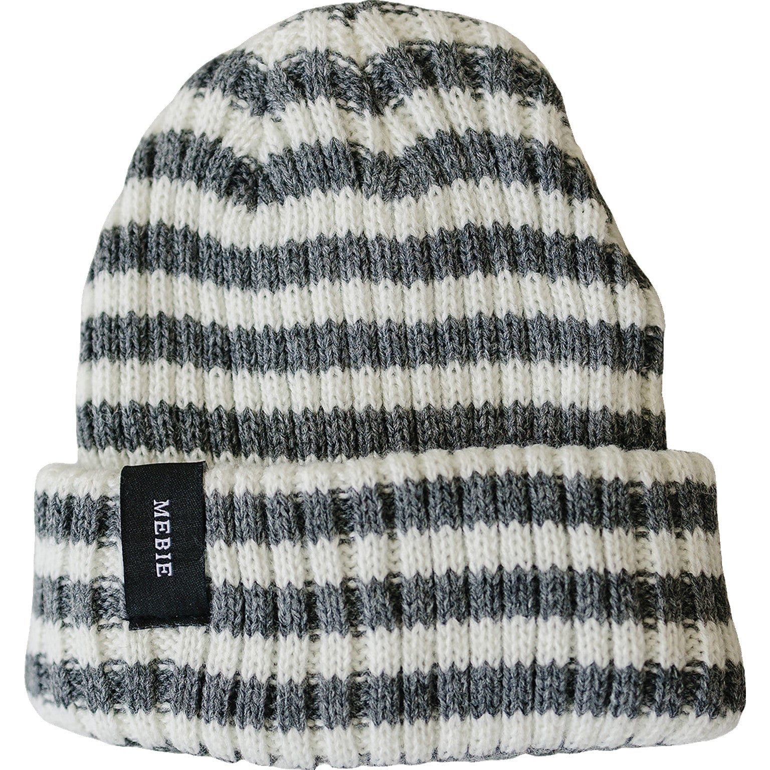 Chunky knit baby beanie in grey and white stripes for newborns up to 12 months, keeping tiny heads warm.