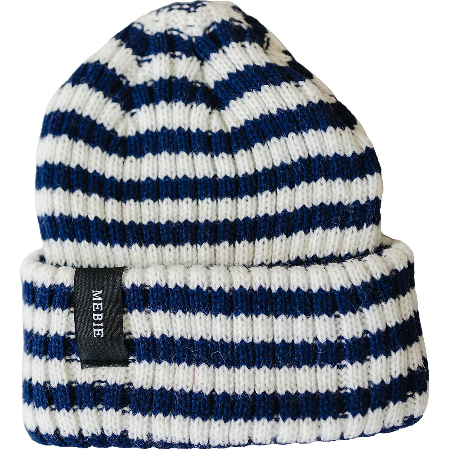 Chunky knit baby beanie in navy and white stripe pattern, perfect for newborns up to 12 months.