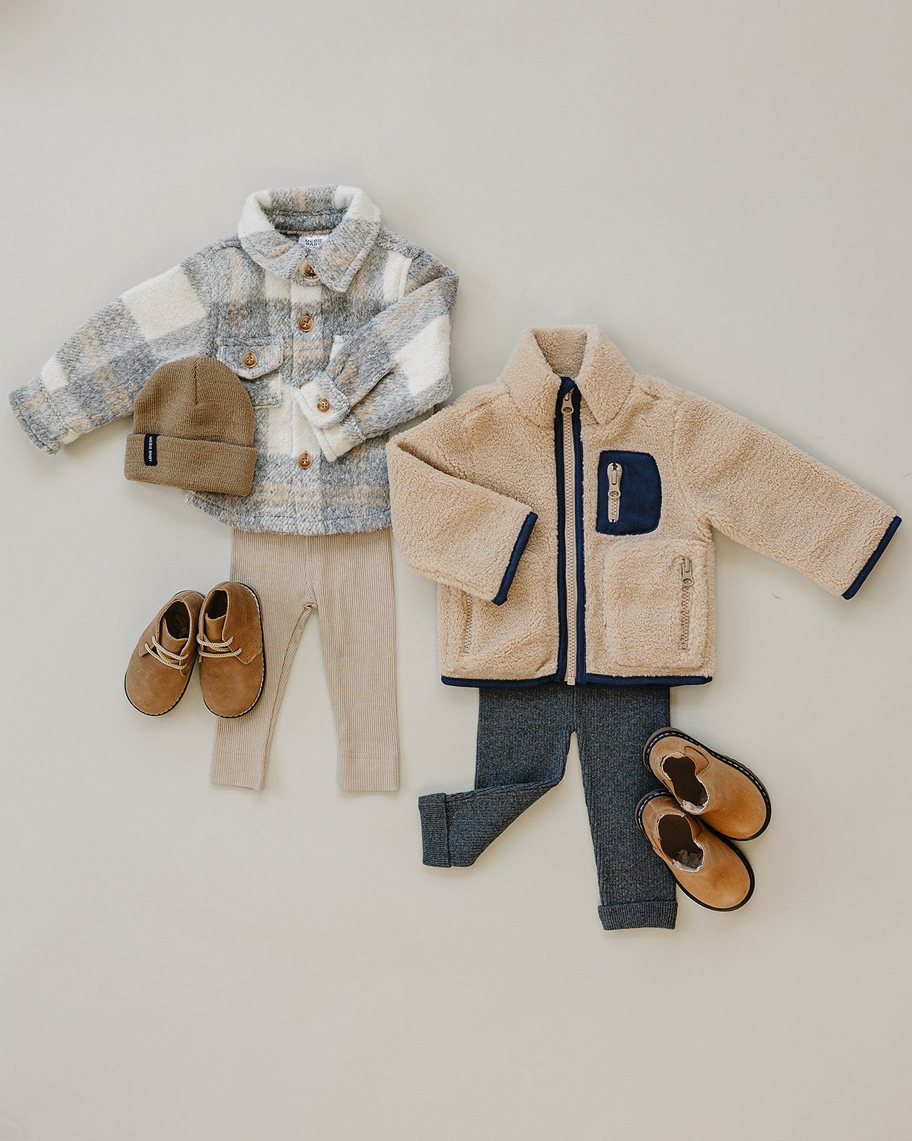 Stylish kids shacket in grey plaid, paired with cozy layers and shoes for babies and kids' cool-weather fashion.