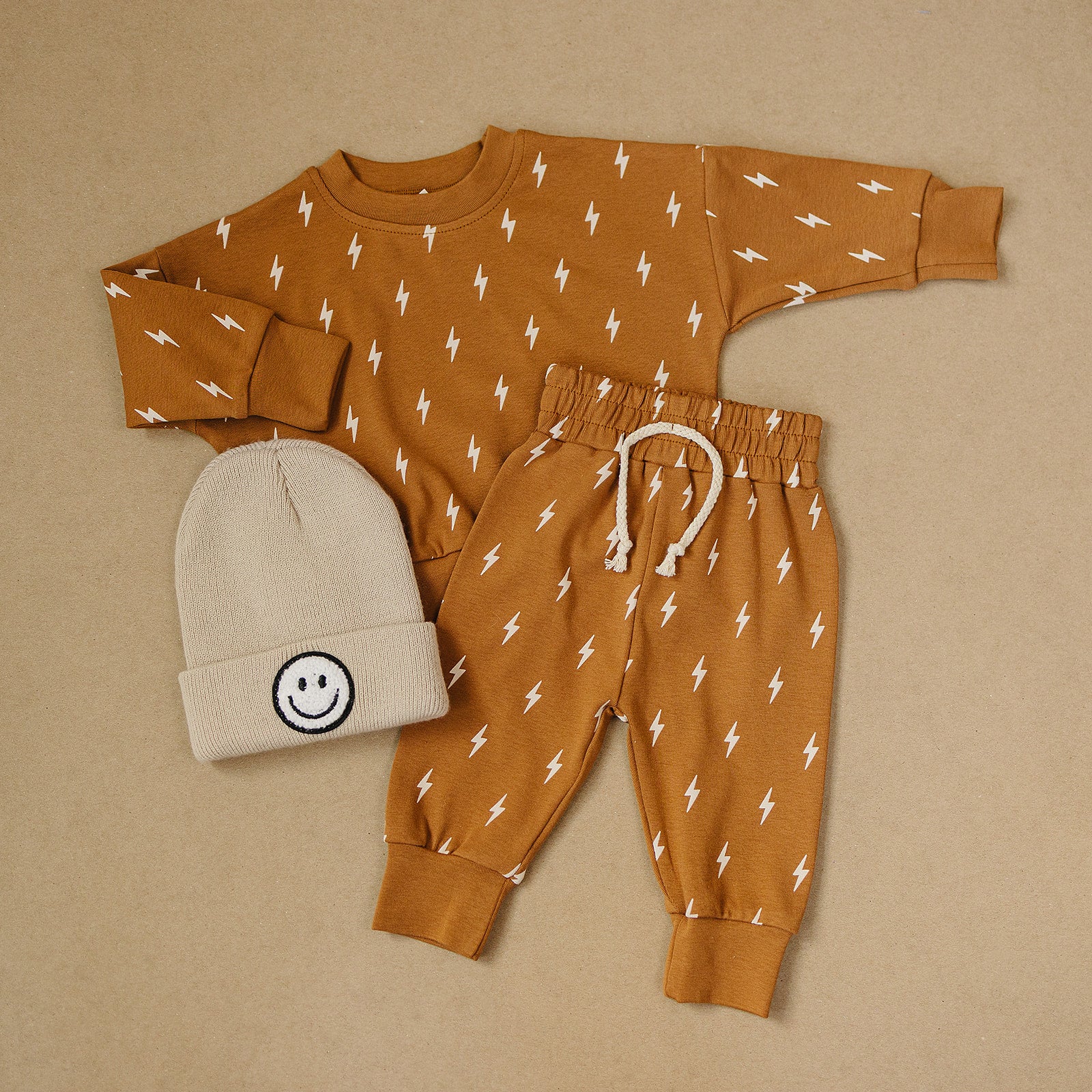 Fall Bolts Kids Lounge Set - Baby & Toddler Outfit with lightning bolt print top and jogger bottoms.