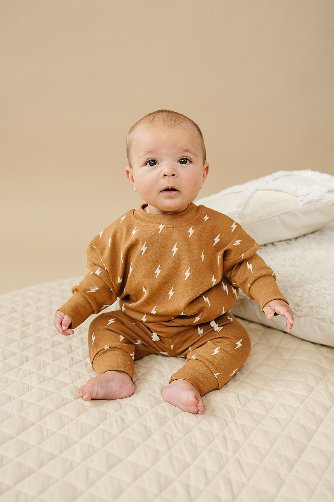 Fall Bolts Kids Lounge Set - Baby & Toddler Outfit featuring a cozy pullover and jogger bottoms with lightning bolt print.
