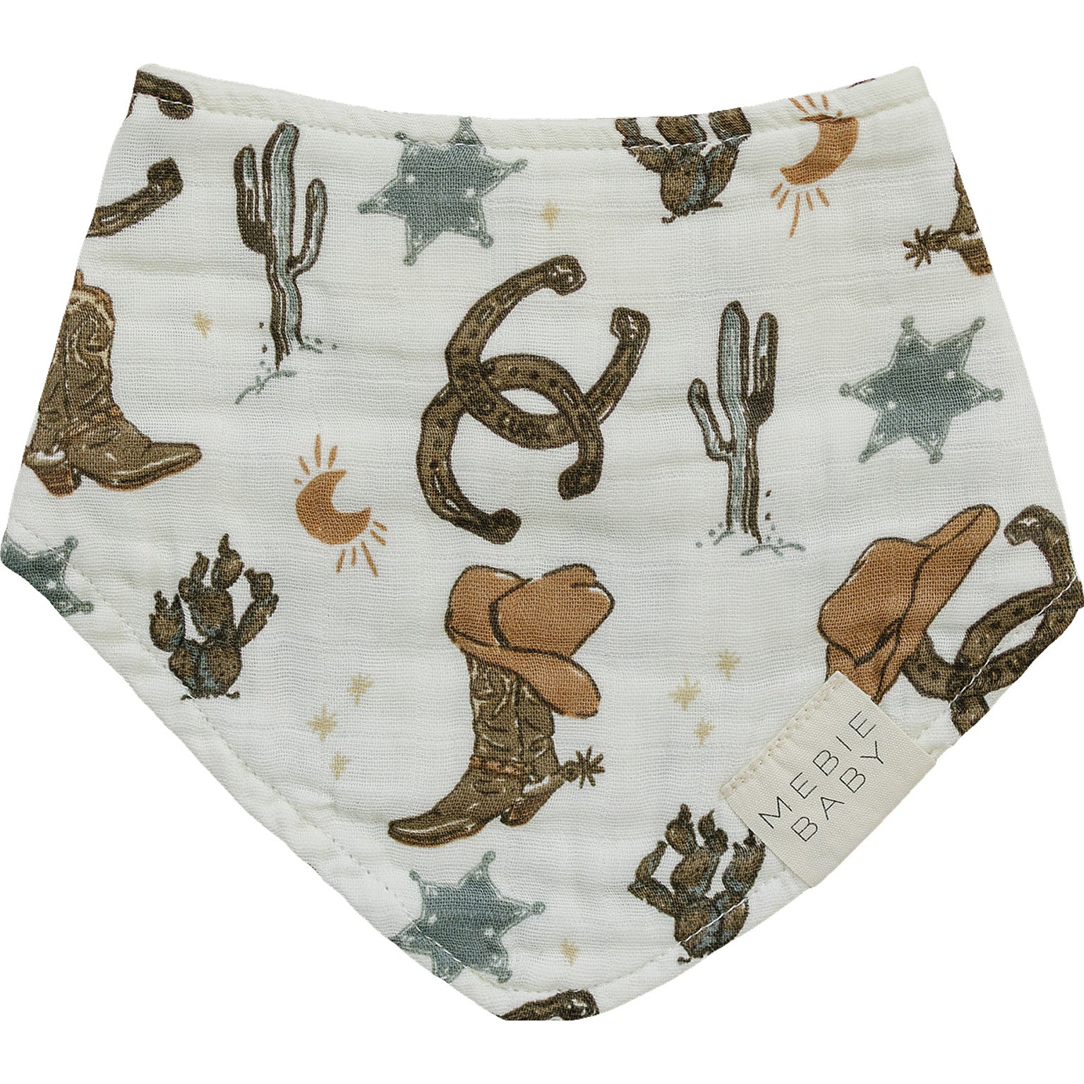 Outlaw Cowboy Classic Muslin Bib featuring cowboy boots, cacti, and stars, perfect for keeping babies clean and stylish.