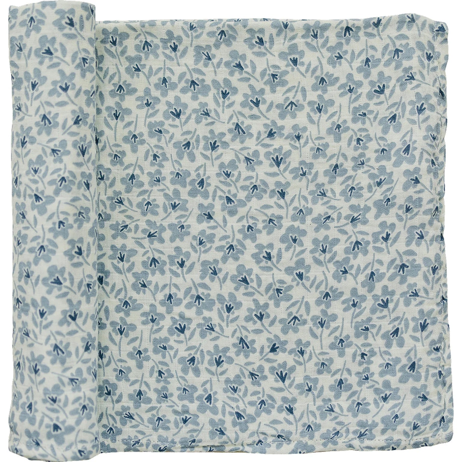 Blue blossom muslin swaddle blanket, lightweight cotton, perfect for swaddling and nursery use.