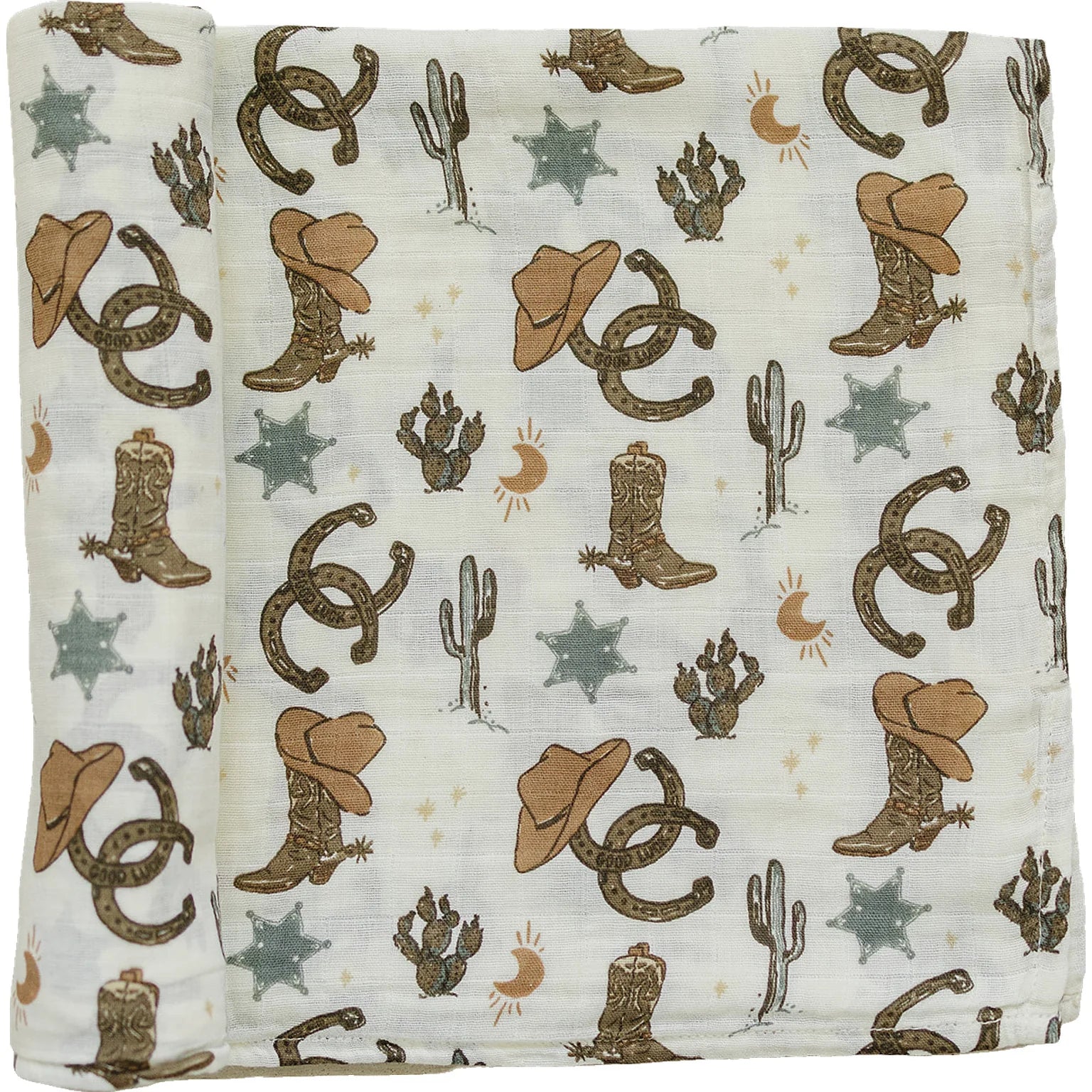 Outlaw cowboy muslin swaddle blanket featuring playful cowboy boots, hats, and western motifs on a soft cotton fabric.