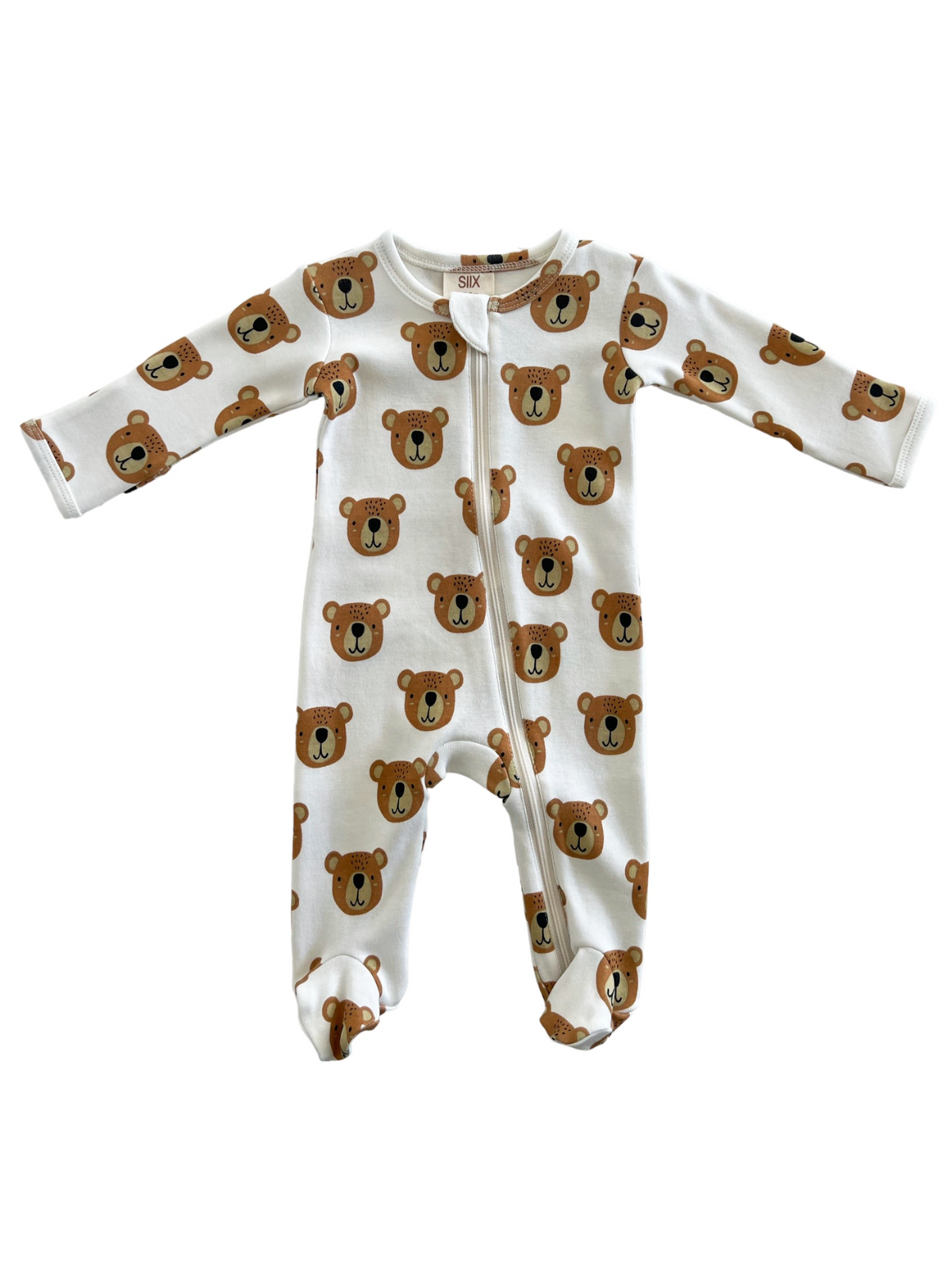 Baby Bear organic zip footie featuring adorable bear print, cozy design for children.