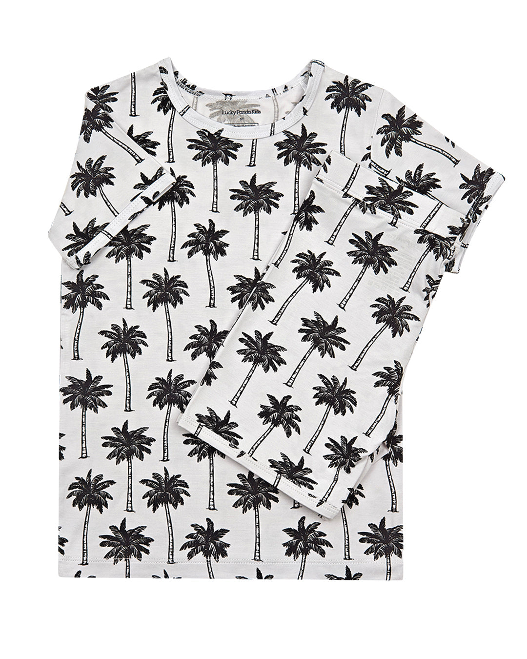 Bamboo shorts set tee featuring hand-drawn black palm print on a white background, perfect for summer outfits.
