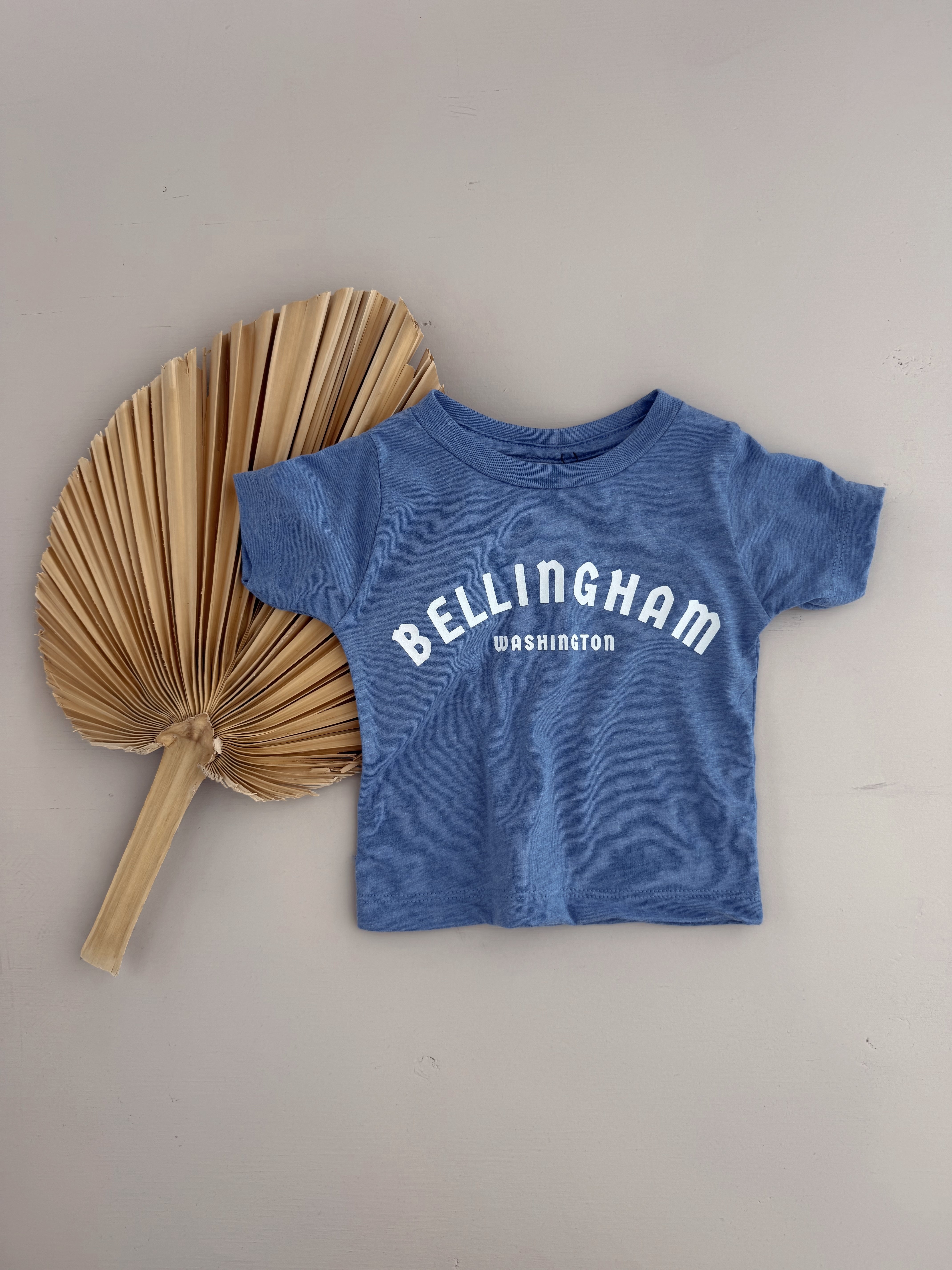 Bellingham WA kids tee in blue with bold white graphic on a neutral background.