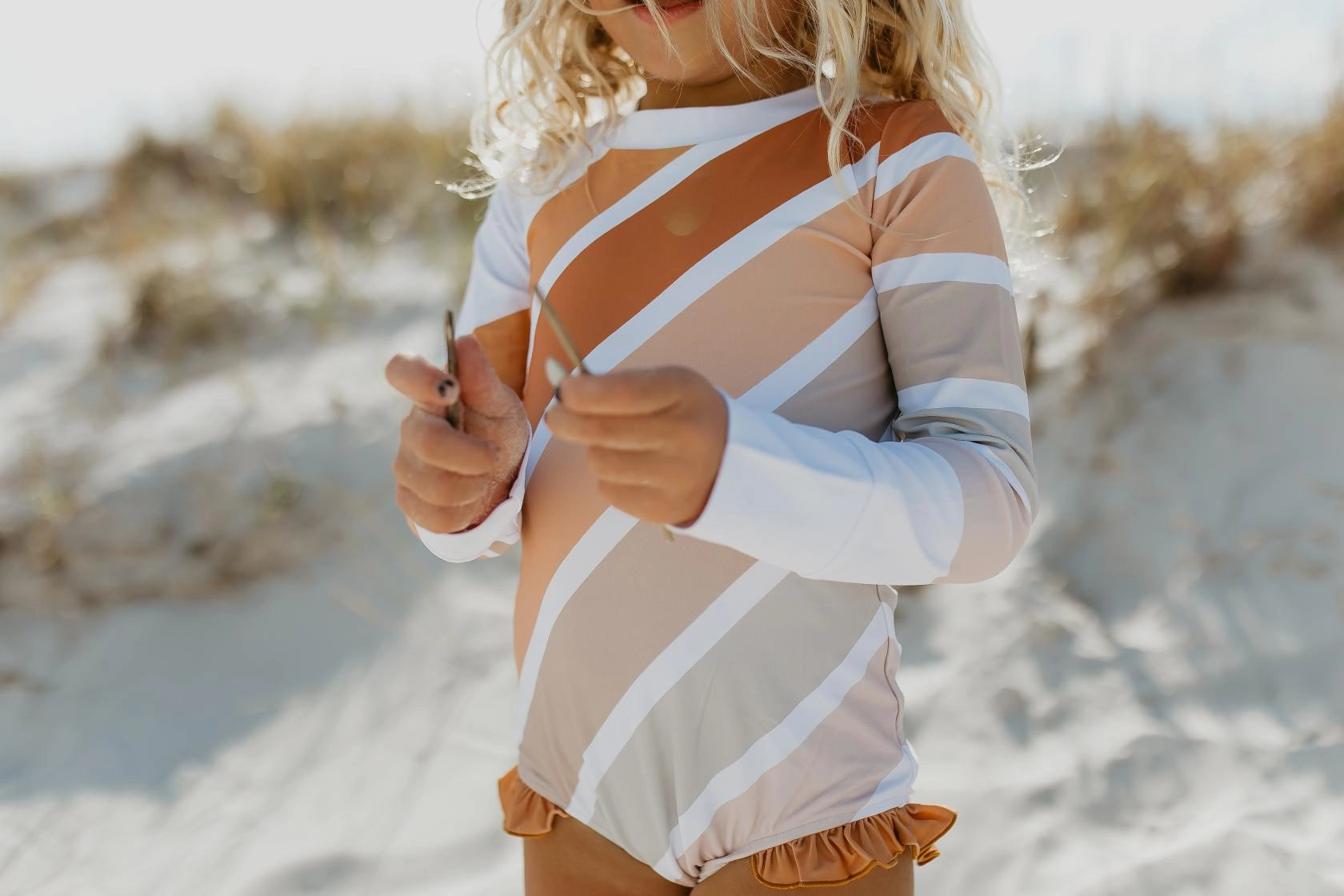 Beige Stripe Rainbow Zip Rash Guard One Piece Swimsuit