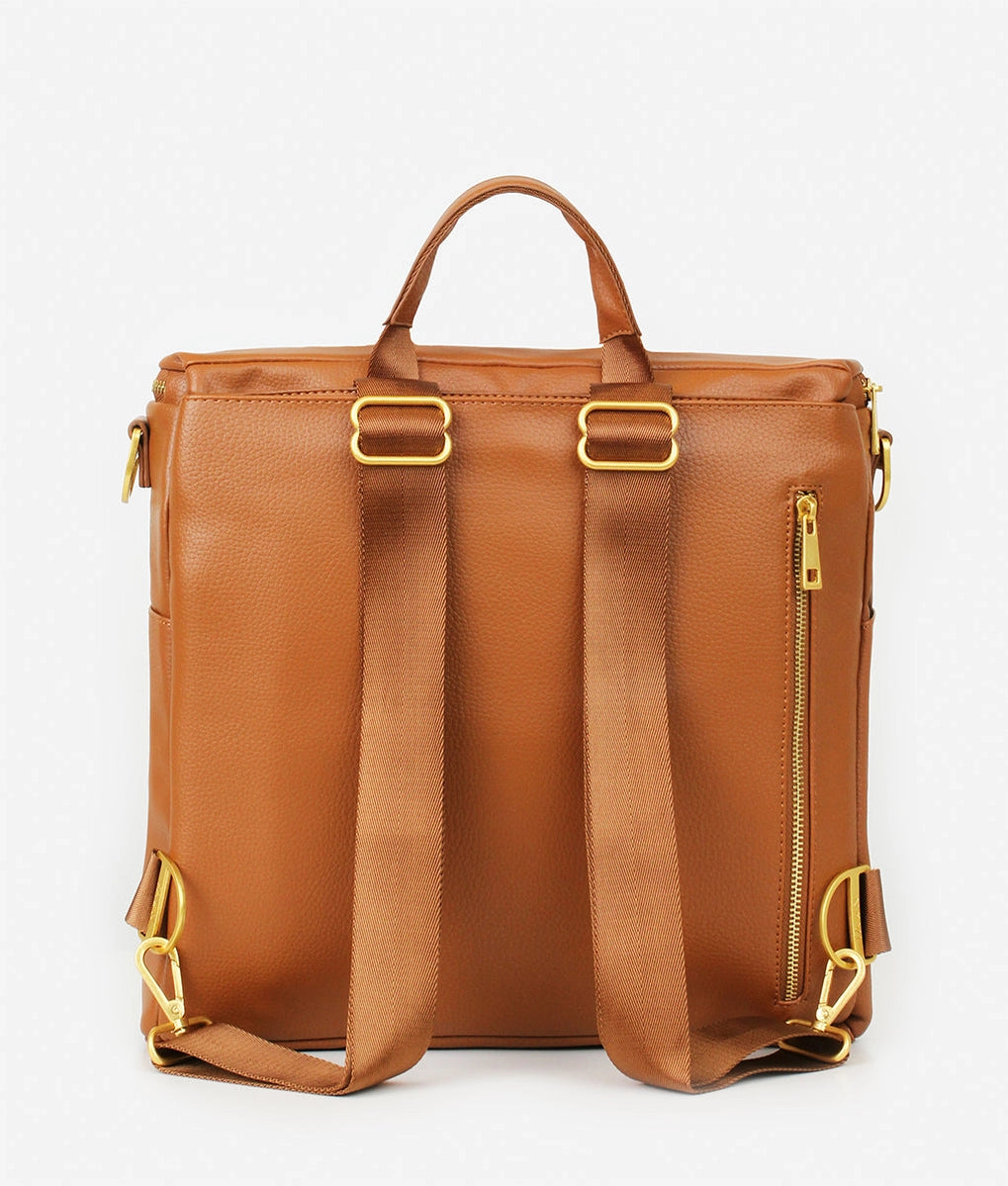 Original Diaper Bag Backpack in brown faux leather, featuring convertible straps and a practical design.