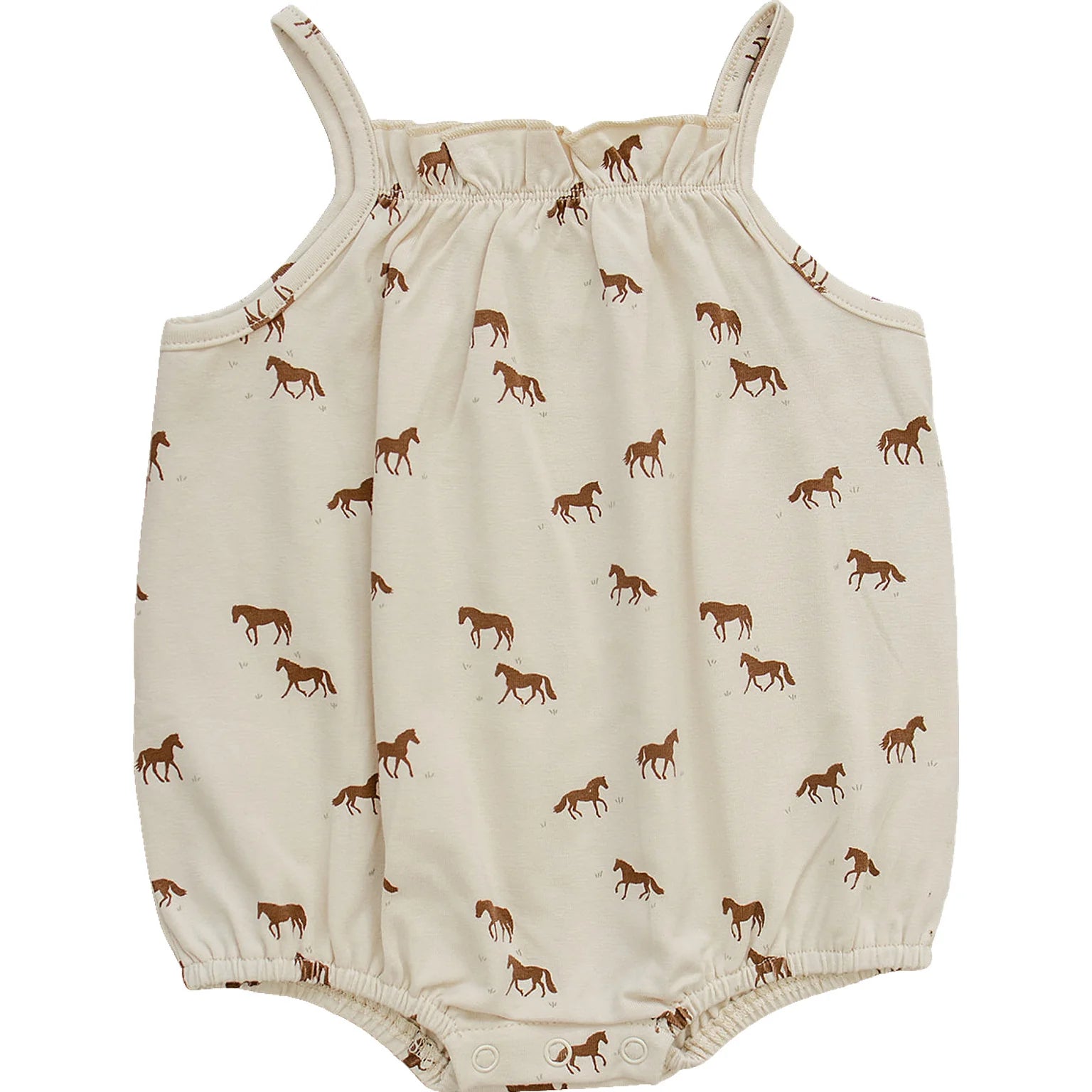 Horse tank bubble romper with charming horse print, perfect for summer playdates and baby girl outfits.