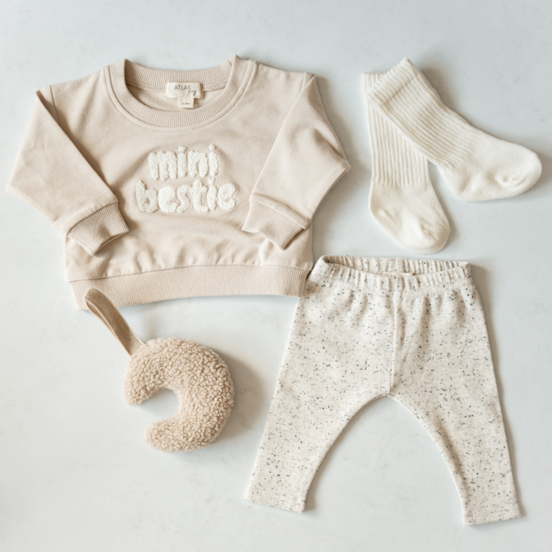Mini Bestie Crewneck - Unisex Baby Sweatshirt with matching leggings, socks, and plush toy.