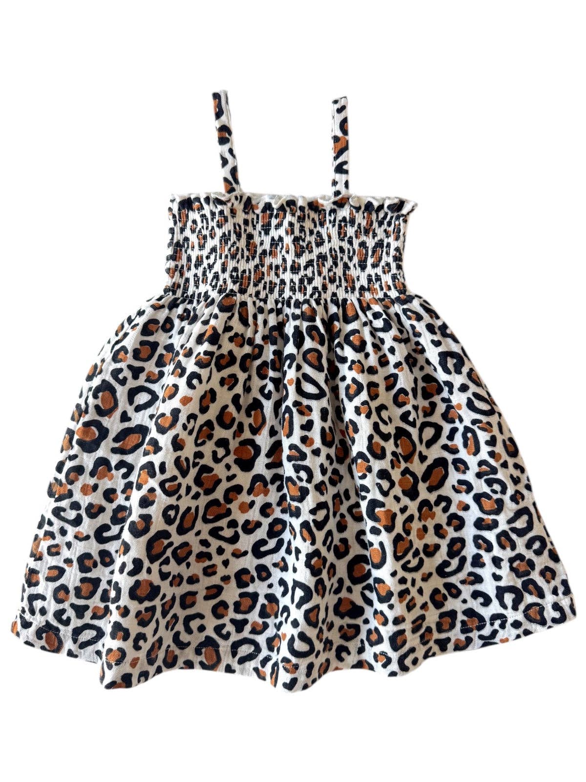 Leopard muslin smocked tube dress for girls, ideal for spring and summer fashion.