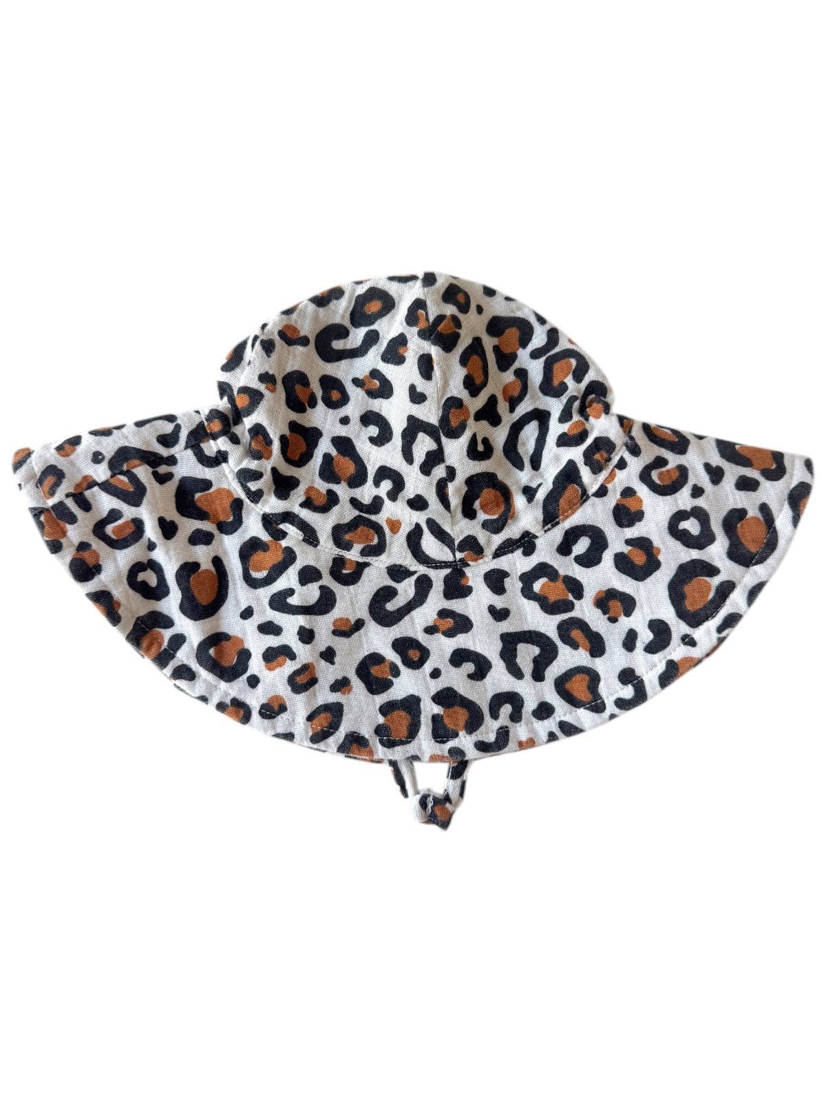 Leopard print muslin wide brim sunhat for kids, perfect for stylish summer sun protection.