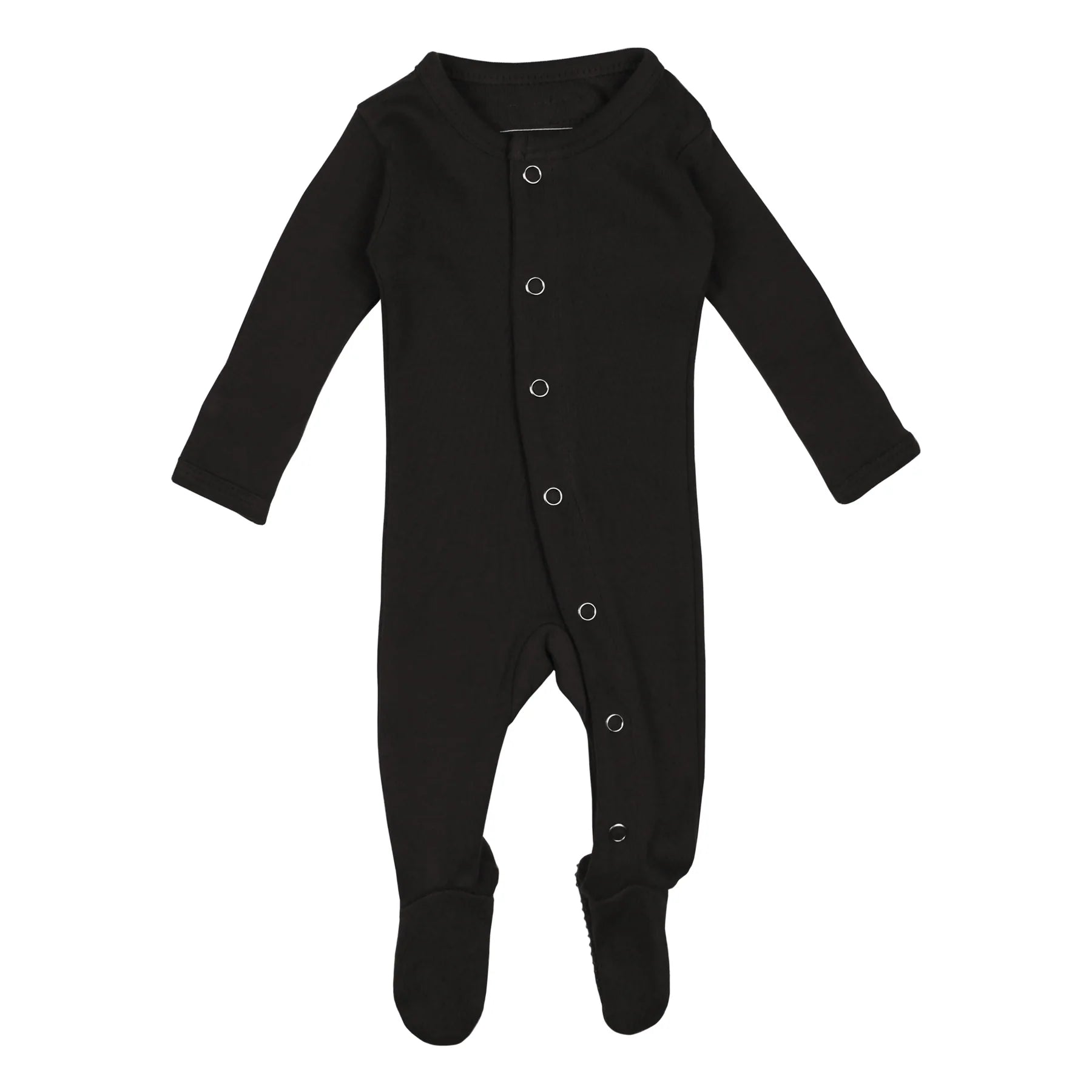 Black organic snap footie for babies made from ultra-soft cotton, featuring easy snap closures for simple diaper changes.