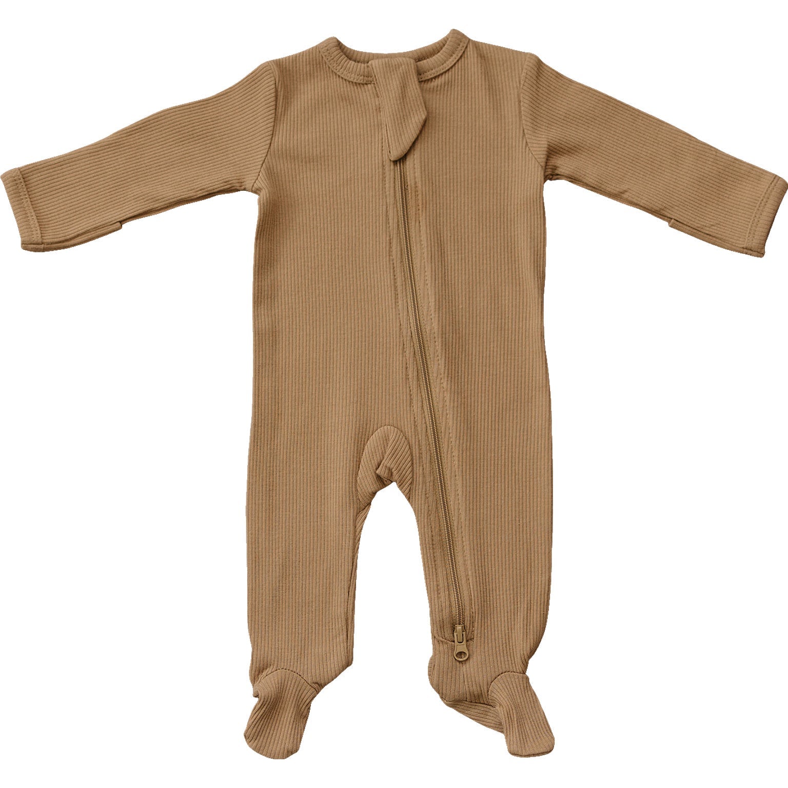 Cafe organic cotton ribbed zipper baby pajamas in warm neutral shade, designed for comfort and coziness.