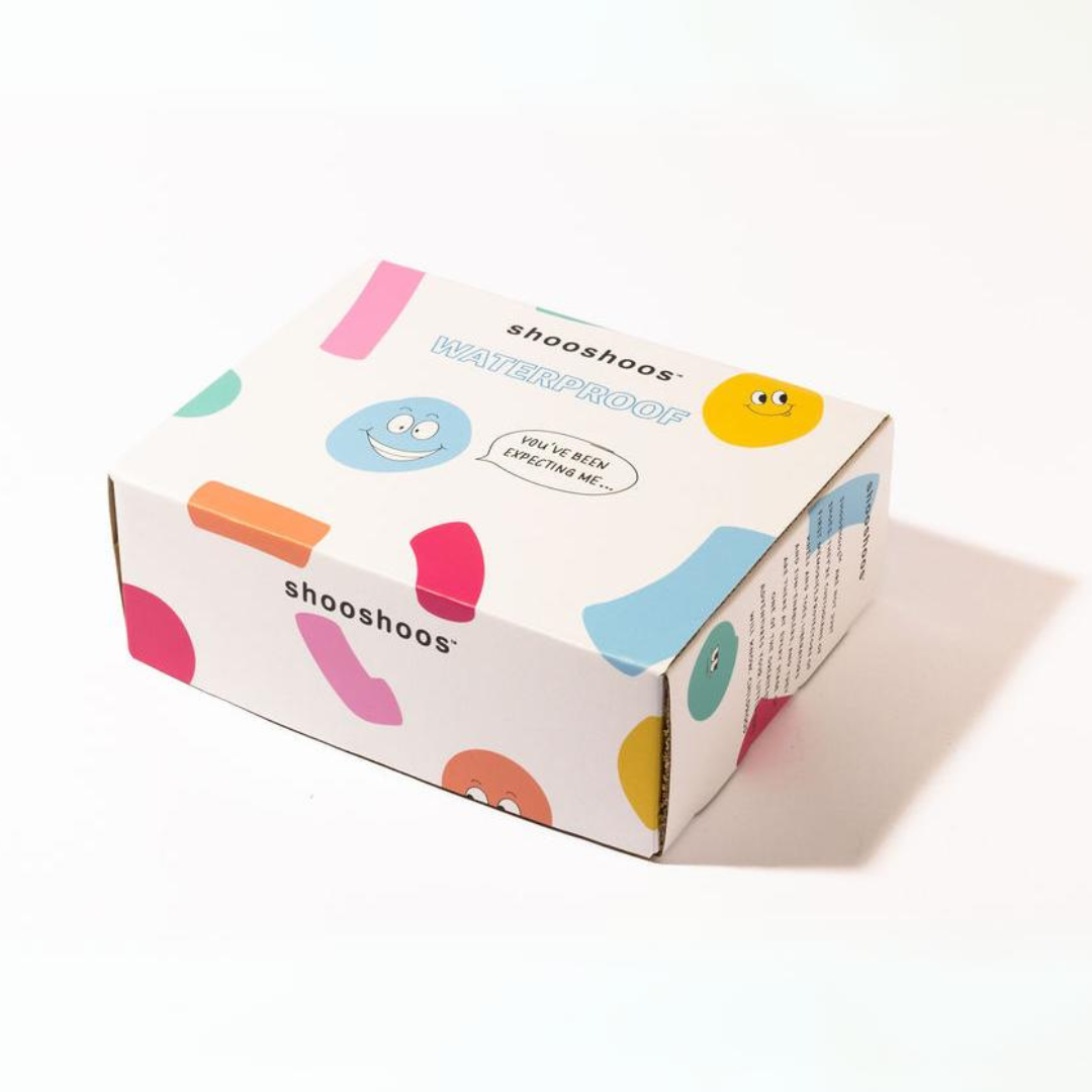 Colorful shooshoos waterproof sneaker box with playful designs, perfect for kids' shoes.